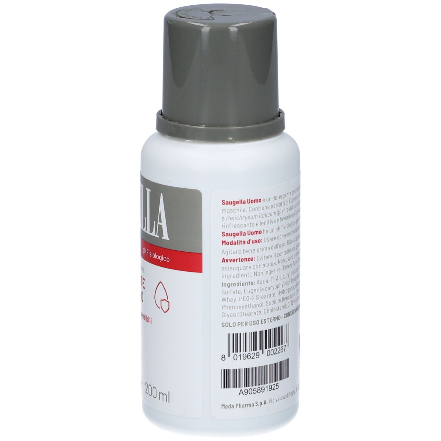 Saugella Uomo: Seitenansicht der Flasche mit Produktbeschreibung und 200ml Angabe.