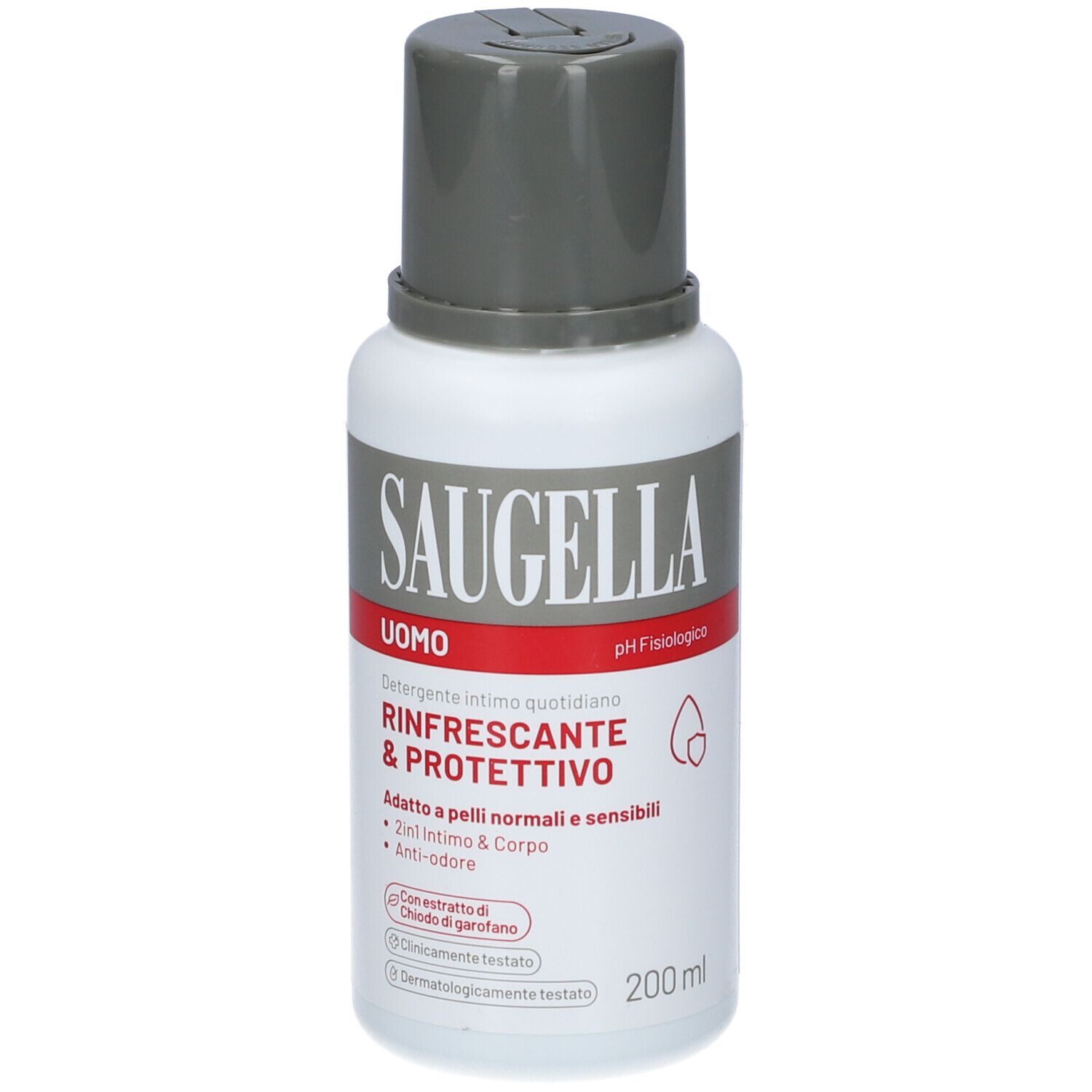 Saugella Uomo: Frontale Ansicht des Intimwaschmittels mit Fokus auf 'Rinfrescante & Protettivo', 200ml.