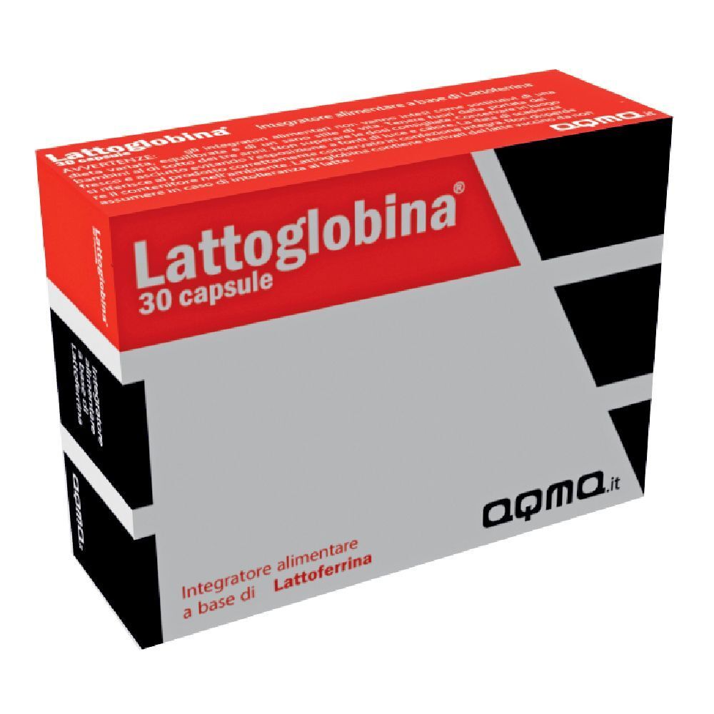 Scatola "Lattoglobina" con 30 capsule. Confezione rossa e bianca con testo. Marchio "aqma.it".