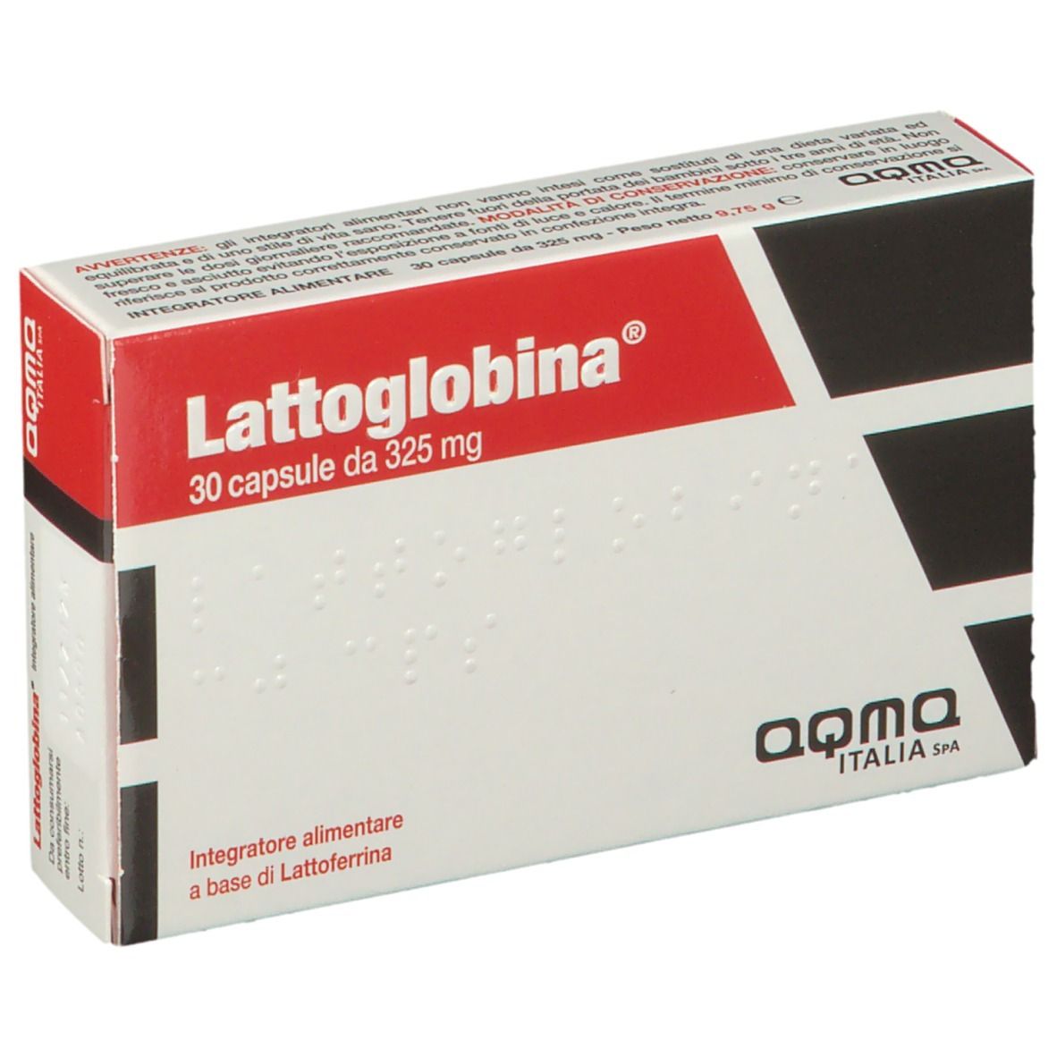 Scatola "Lattoglobina", 30 capsule, 325 mg. Confezione rossa e bianca. Marchio "aqma ITALIA SPA".