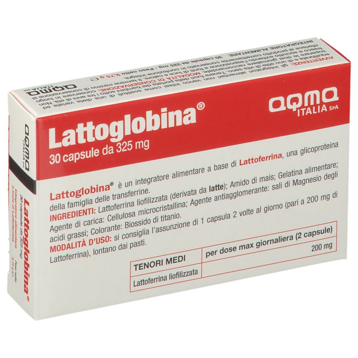 Scatola "Lattoglobina", 30 capsule, 325 mg. Confezione rossa e bianca. Marchio "aqma ITALIA".