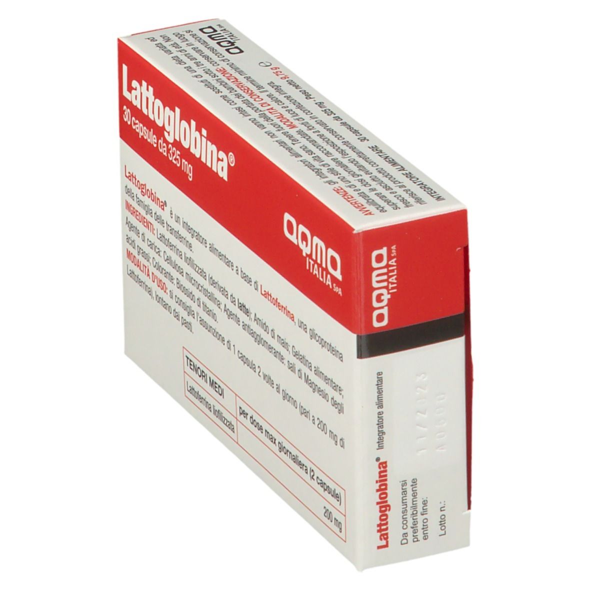 Scatola "Lattoglobina", 30 capsule, 325 mg. Confezione rossa e bianca. Marchio "aqma ITALIA".
