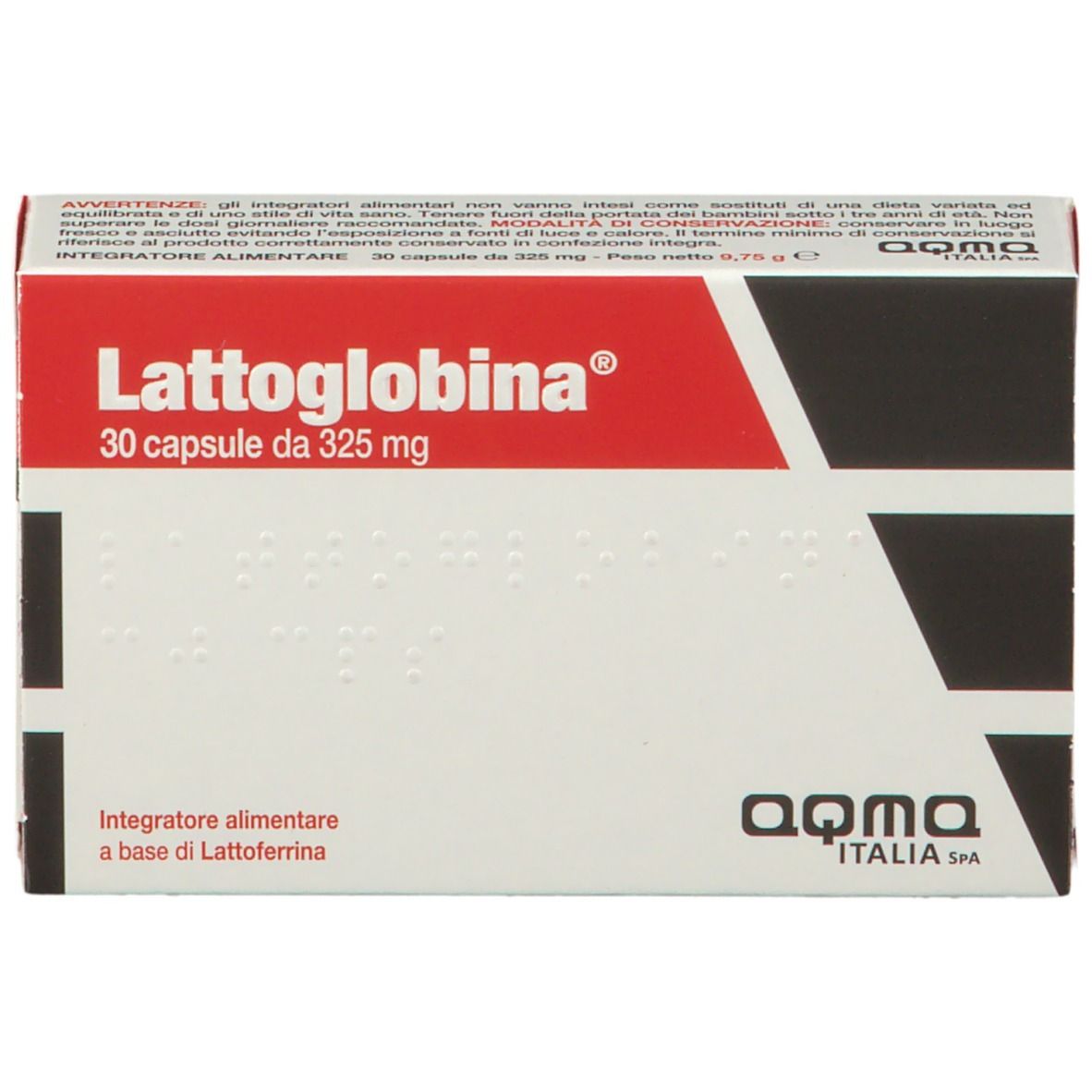 Scatola "Lattoglobina", 30 capsule, 325 mg. Confezione rossa e bianca. Marchio "aqma ITALIA".