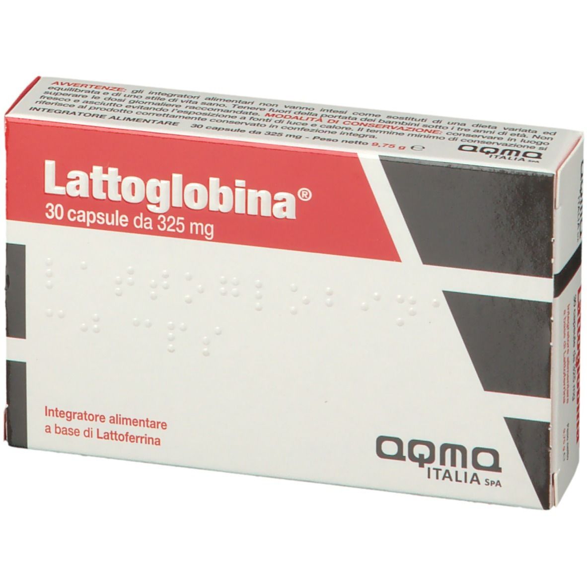 Scatola "Lattoglobina", 30 capsule, 325 mg. Confezione rossa e bianca. Marchio "aqma ITALIA".