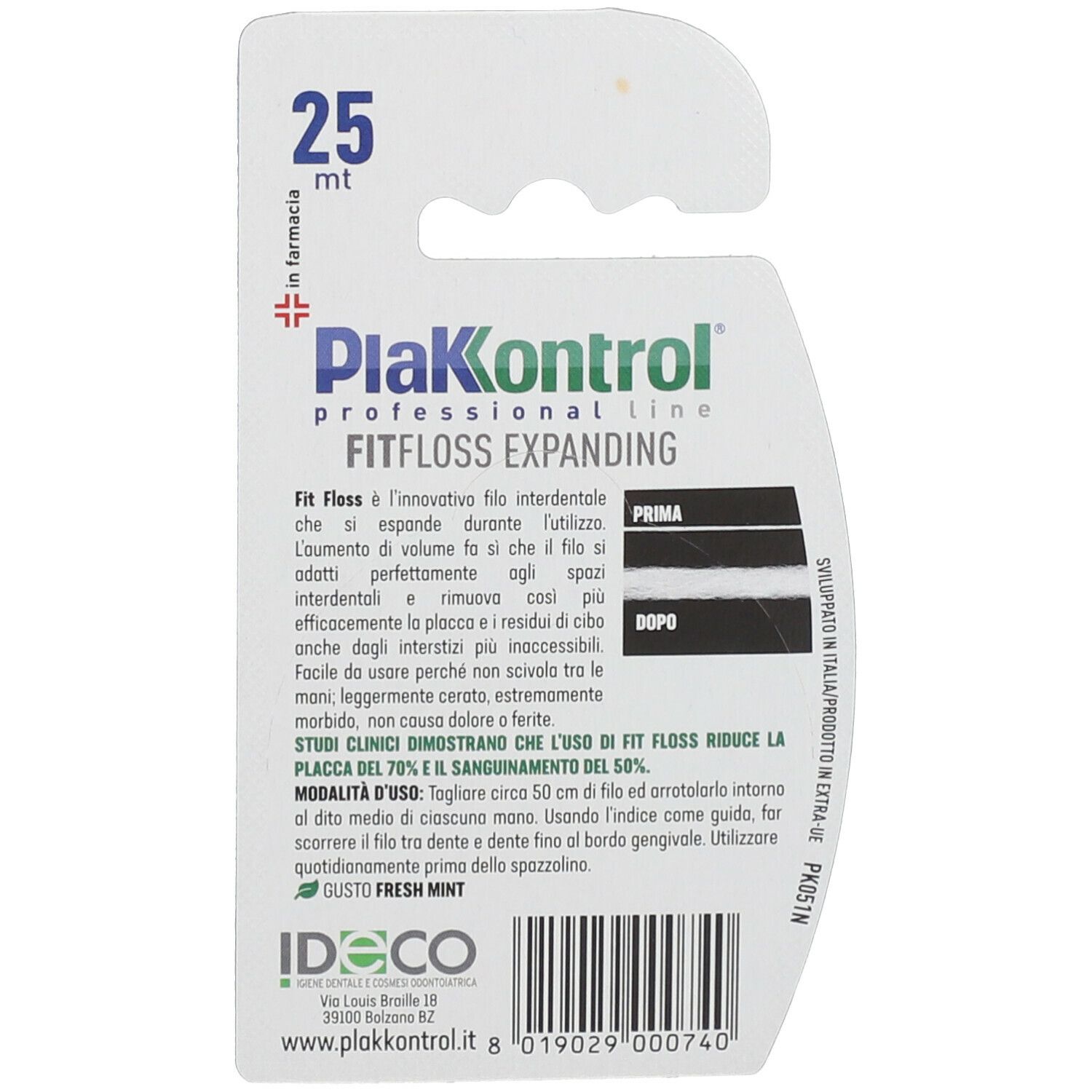 Rückseite der Verpackung mit Produktinformationen. Marke PlakControl, FitFloss Expanding. Text in italienischer Sprache.