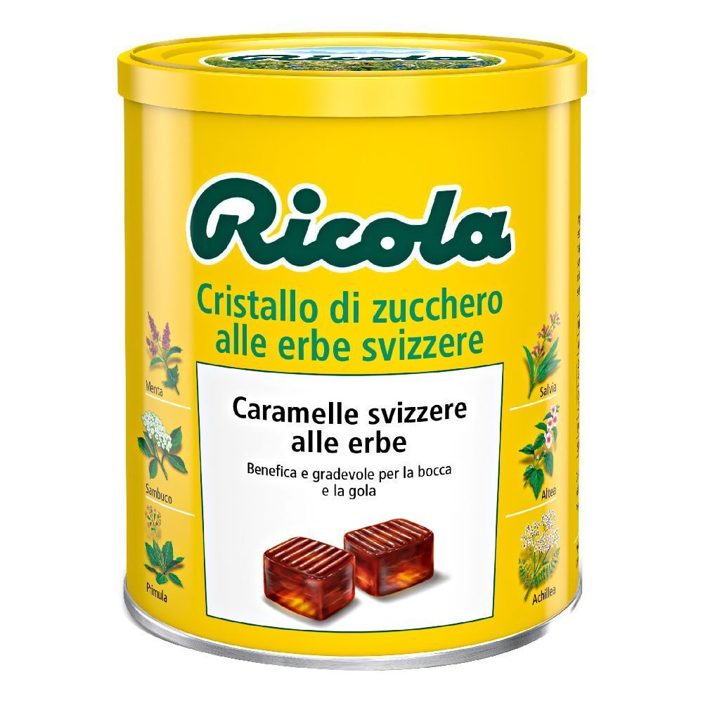 Barattolo giallo con logo Ricola e testo. Scritta: Cristallo di zucchero alle erbe svizzere. Sono raffigurati due caramelle.