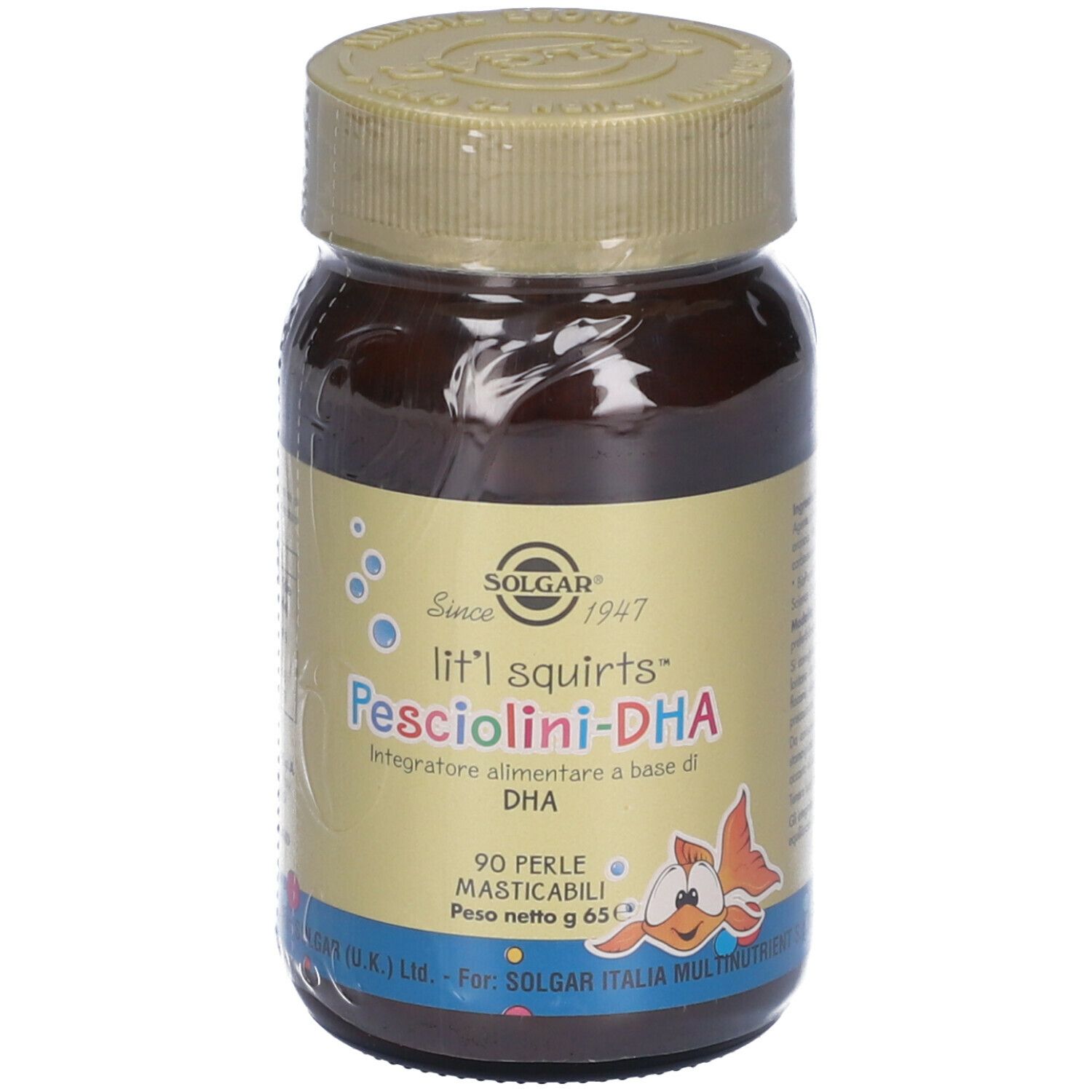 Flacone di vetro marrone con tappo dorato. Etichetta con nome del prodotto e illustrazione di pesce. Contiene 90 capsule.
