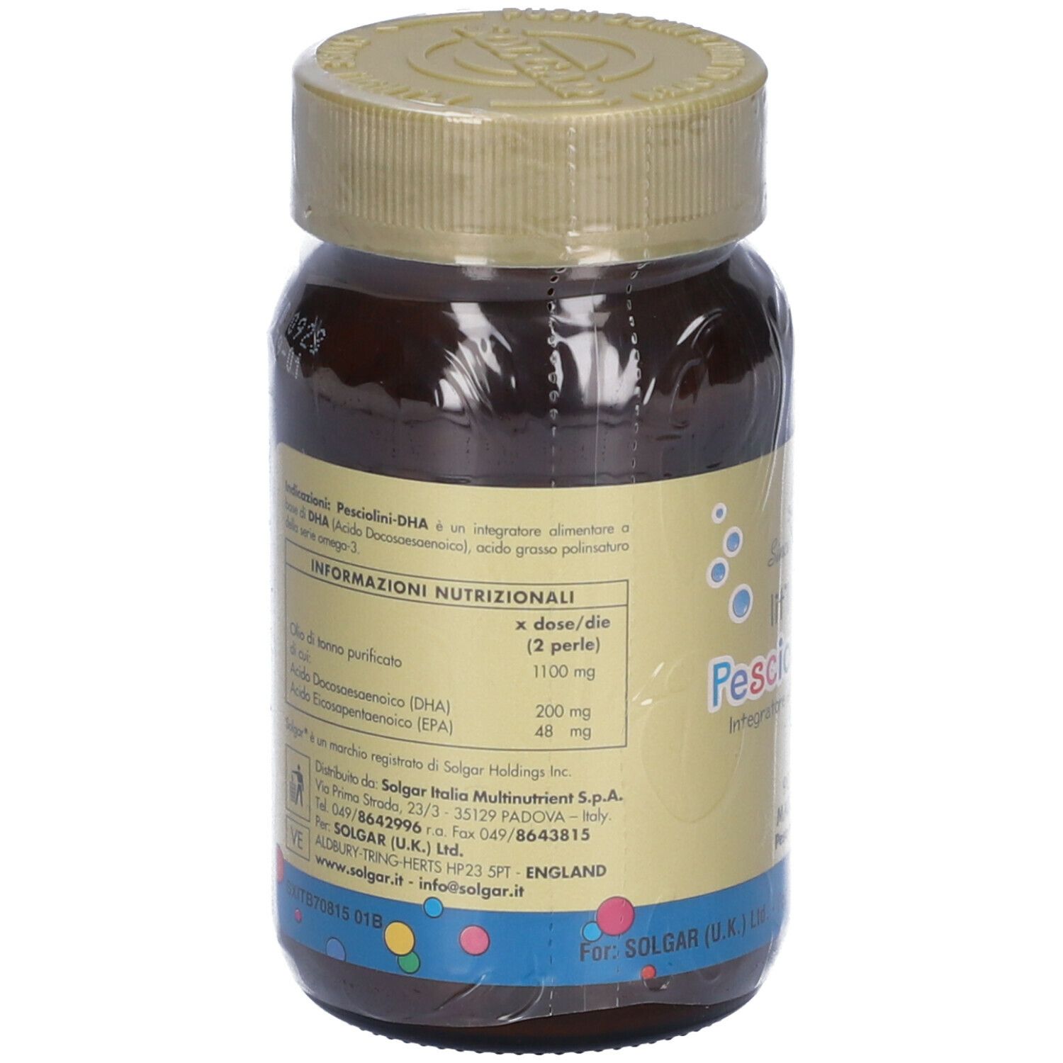 Retro del flacone di vetro marrone. Etichetta con informazioni nutrizionali e ingredienti. Plastica trasparente avvolge il flacone.