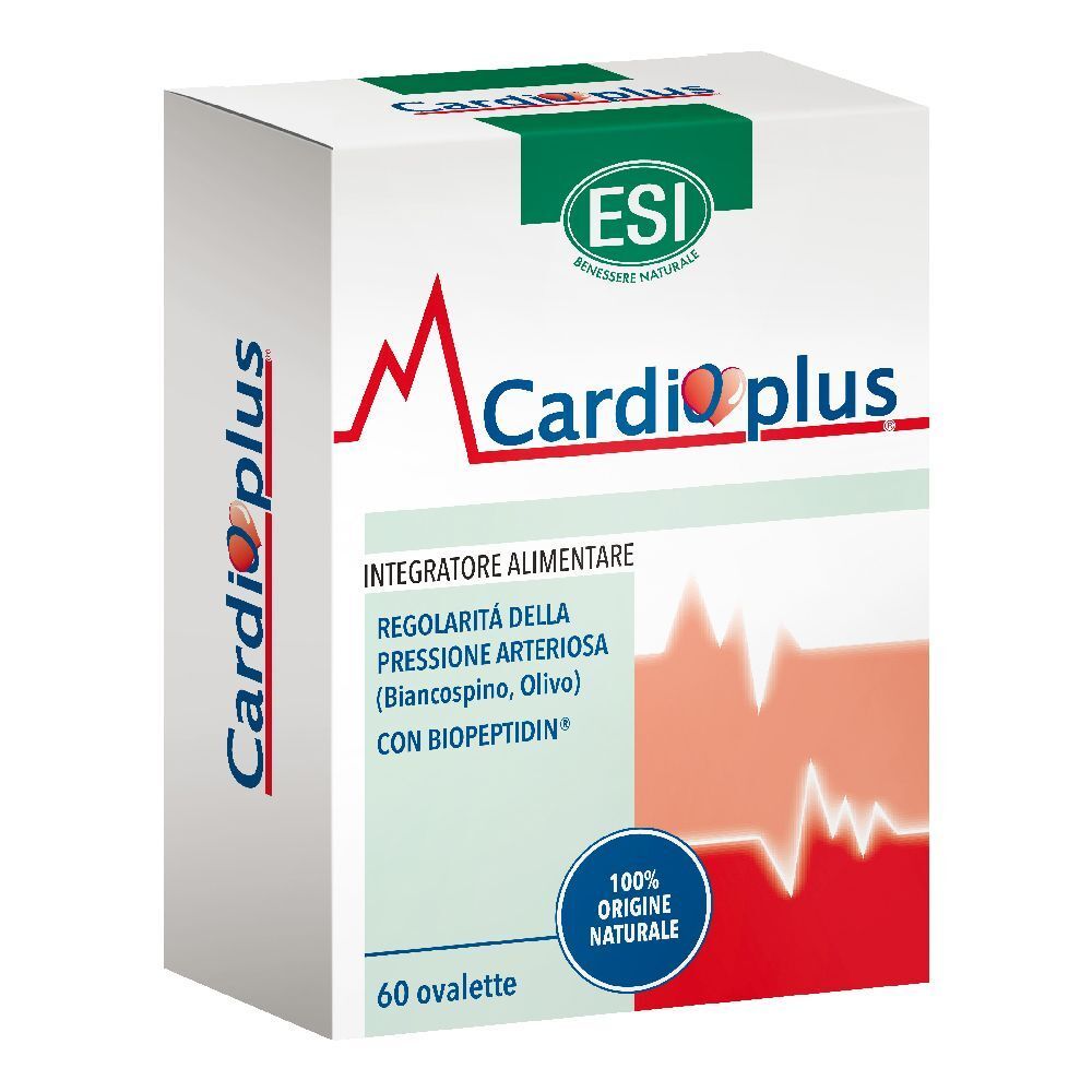 Scatola ESI Cardioplus. Scritta Cardioplus, logo ESI, 60 ovalette. Testo: Integratore alimentare, 100% origine naturale.