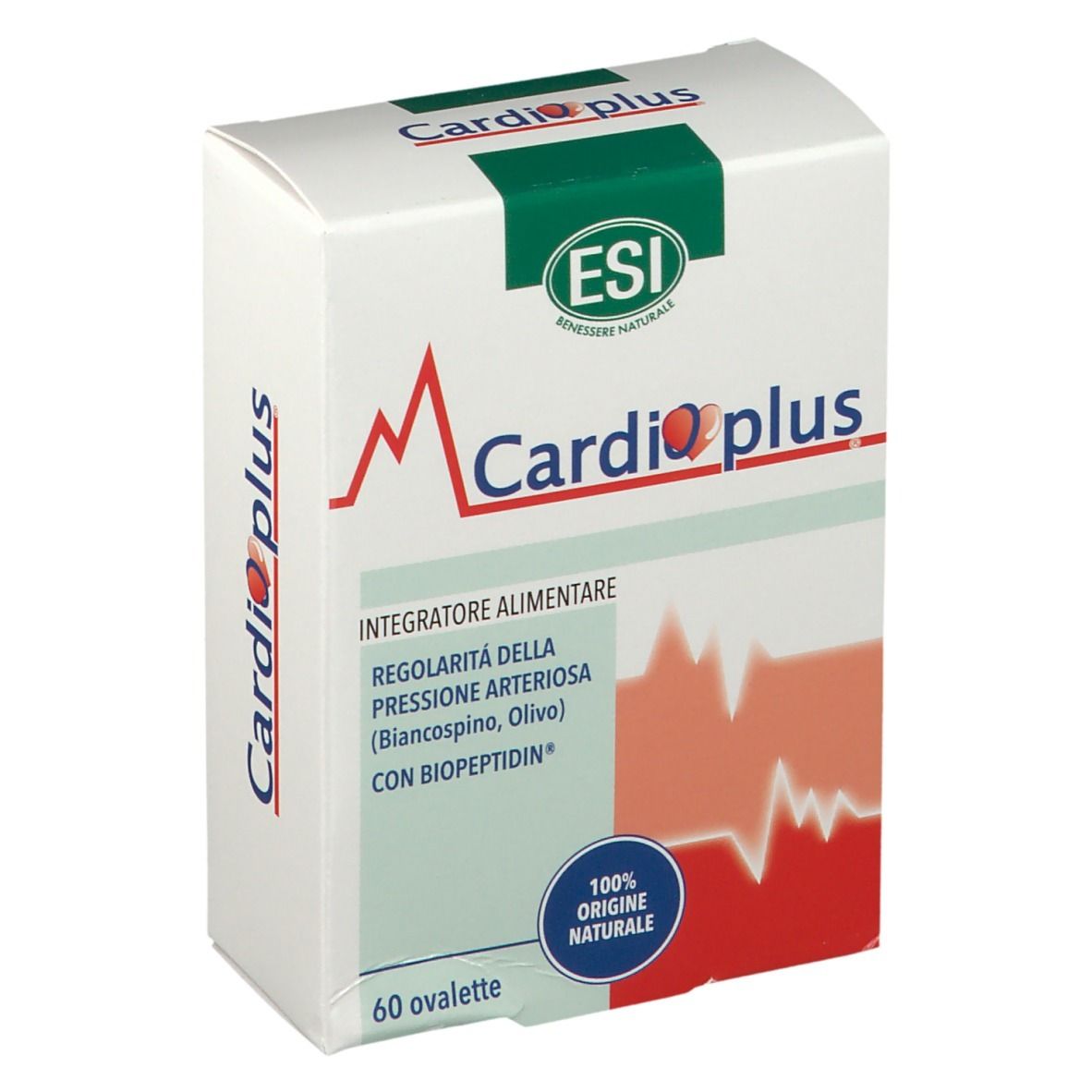Scatola ESI Cardioplus, leggermente angolata. Scritta Cardioplus, logo ESI, 60 ovalette. Testo: Integratore alimentare, 100% origine naturale.