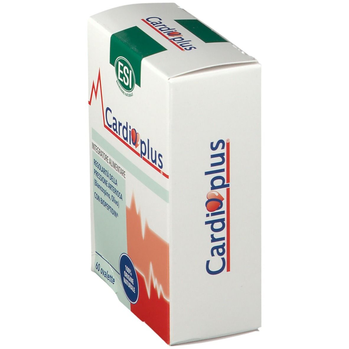 Scatola ESI Cardioplus, angolata. Scritta Cardioplus, logo ESI. Retro con testo e ingredienti. Confezione verde e bianca.