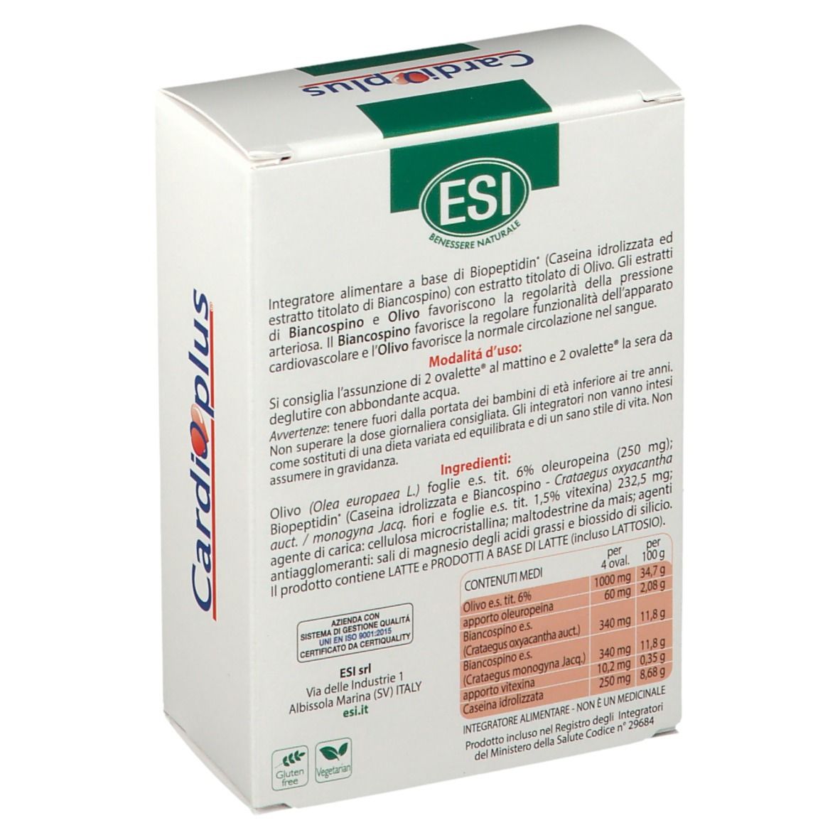 Retro della confezione ESI Cardioplus. Testo, ingredienti, istruzioni per l'uso. Logo ESI, certificazioni. Confezione verde e bianca.