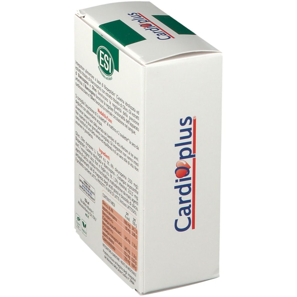 Scatola ESI Cardioplus, angolata. Scritta Cardioplus, logo ESI. Retro con testo e ingredienti. Confezione verde e bianca.