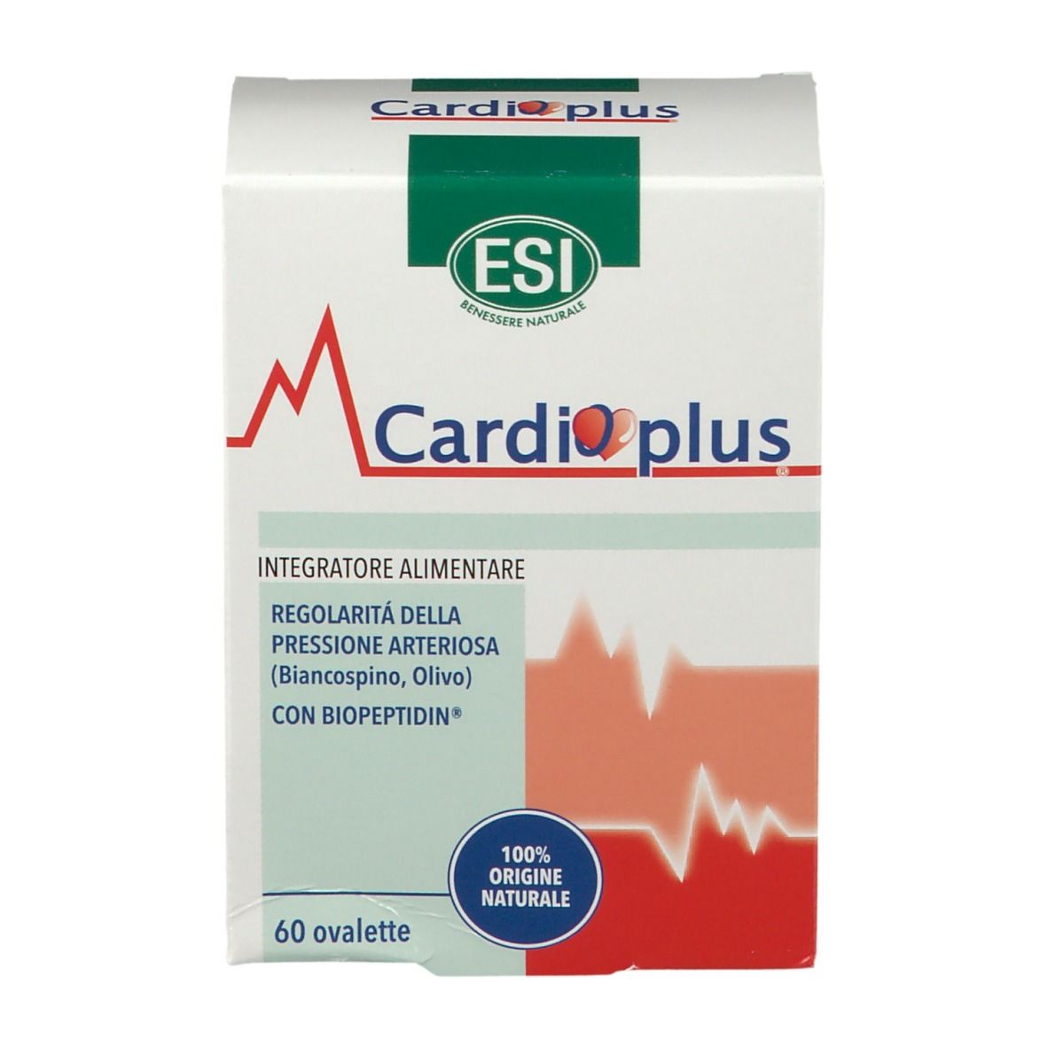 Scatola ESI Cardioplus. Scritta Cardioplus, logo ESI, 60 ovalette. Testo: Integratore alimentare, 100% origine naturale.