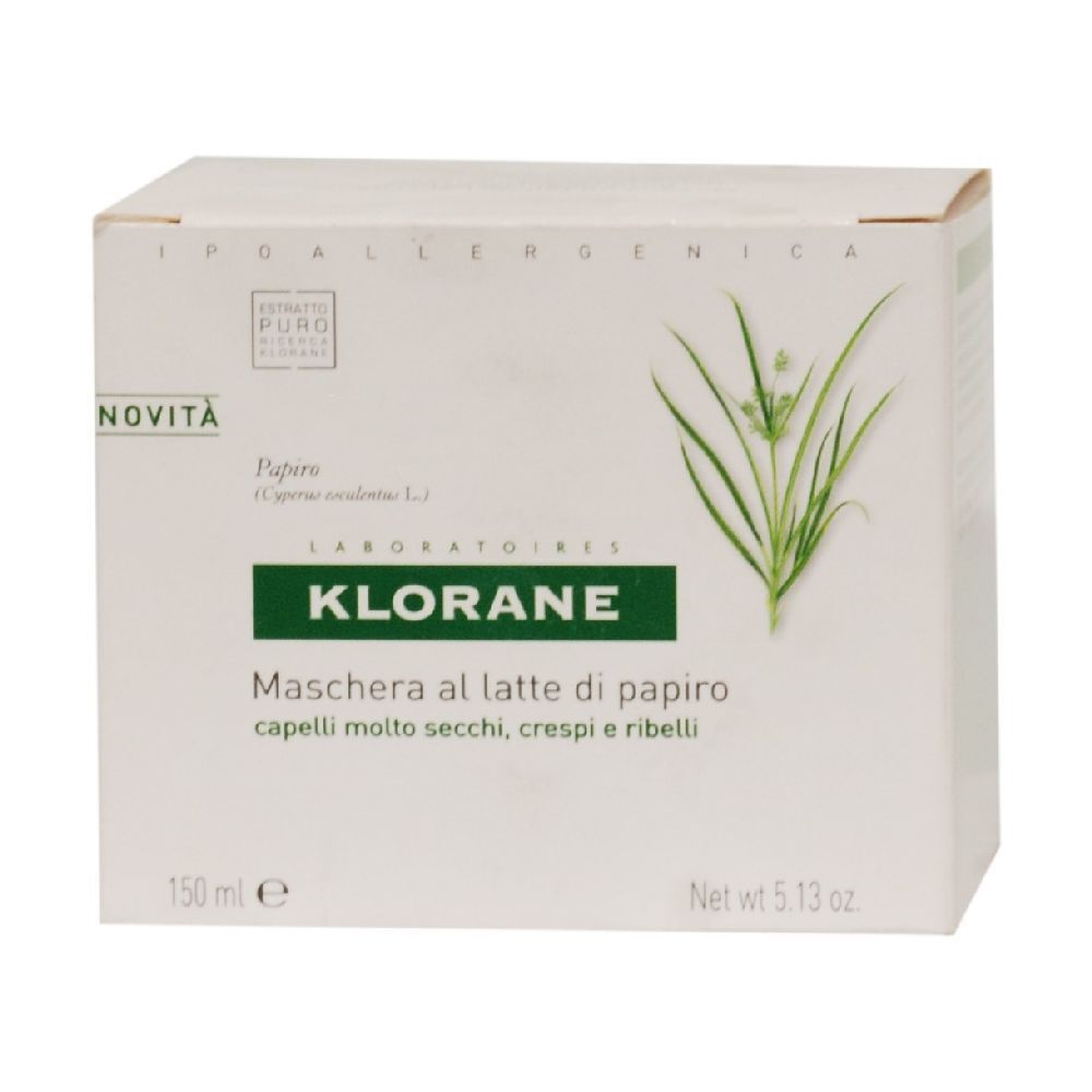 Confezione bianca Klorane. Scritta Maschera al latte di papiro. Illustrazione vegetale. 150 ml.
