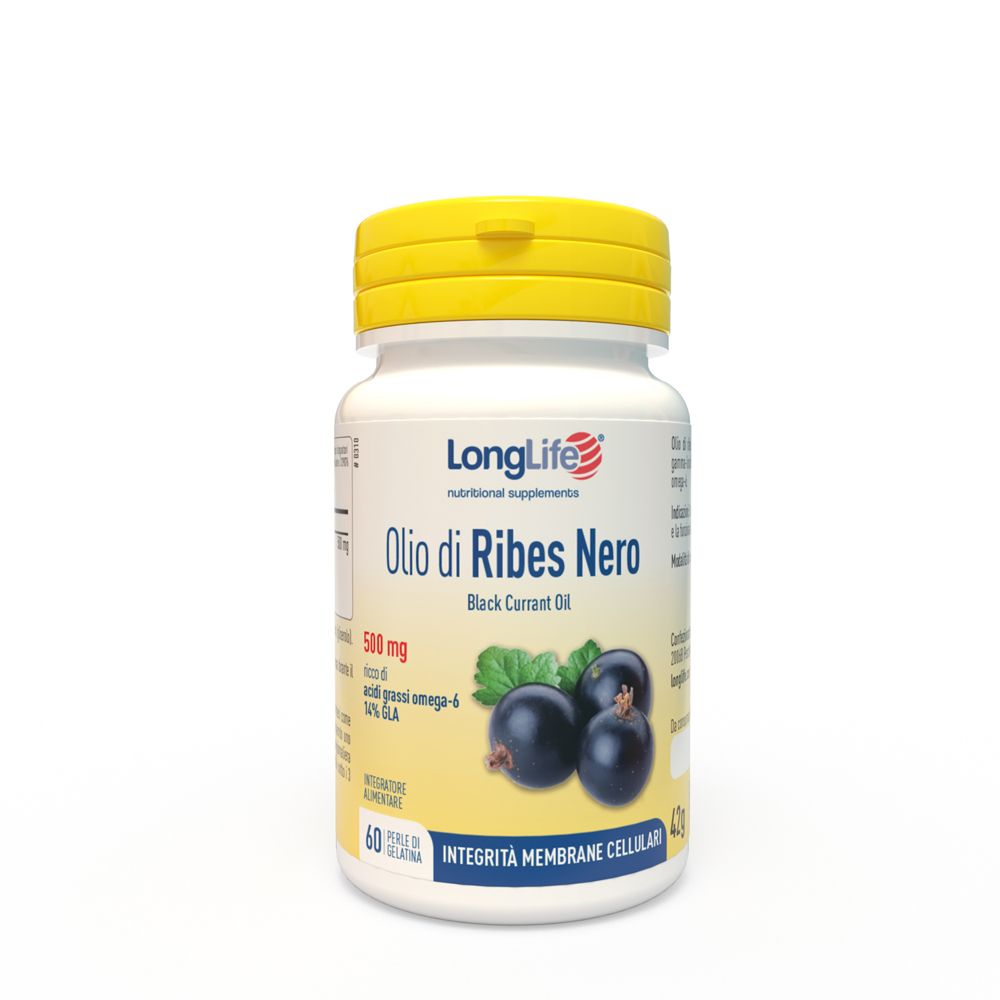 Flacone bianco con tappo giallo. Scritta: LongLife, Olio di Ribes Nero, 500 mg. Immagine di ribes neri.