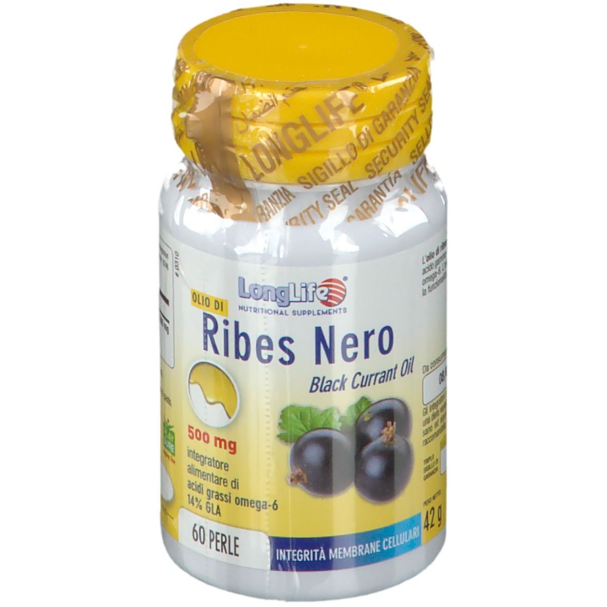 Flacone bianco con tappo giallo e sigillo. Scritta: LongLife, Ribes Nero, 500 mg. 60 perle.
