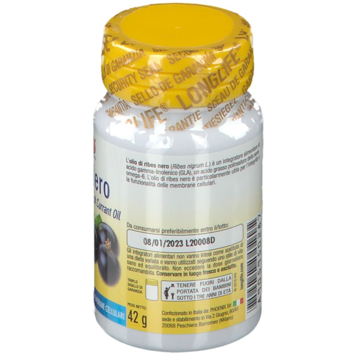 Retro del flacone bianco con tappo giallo e sigillo. Informazioni testuali e data di scadenza.