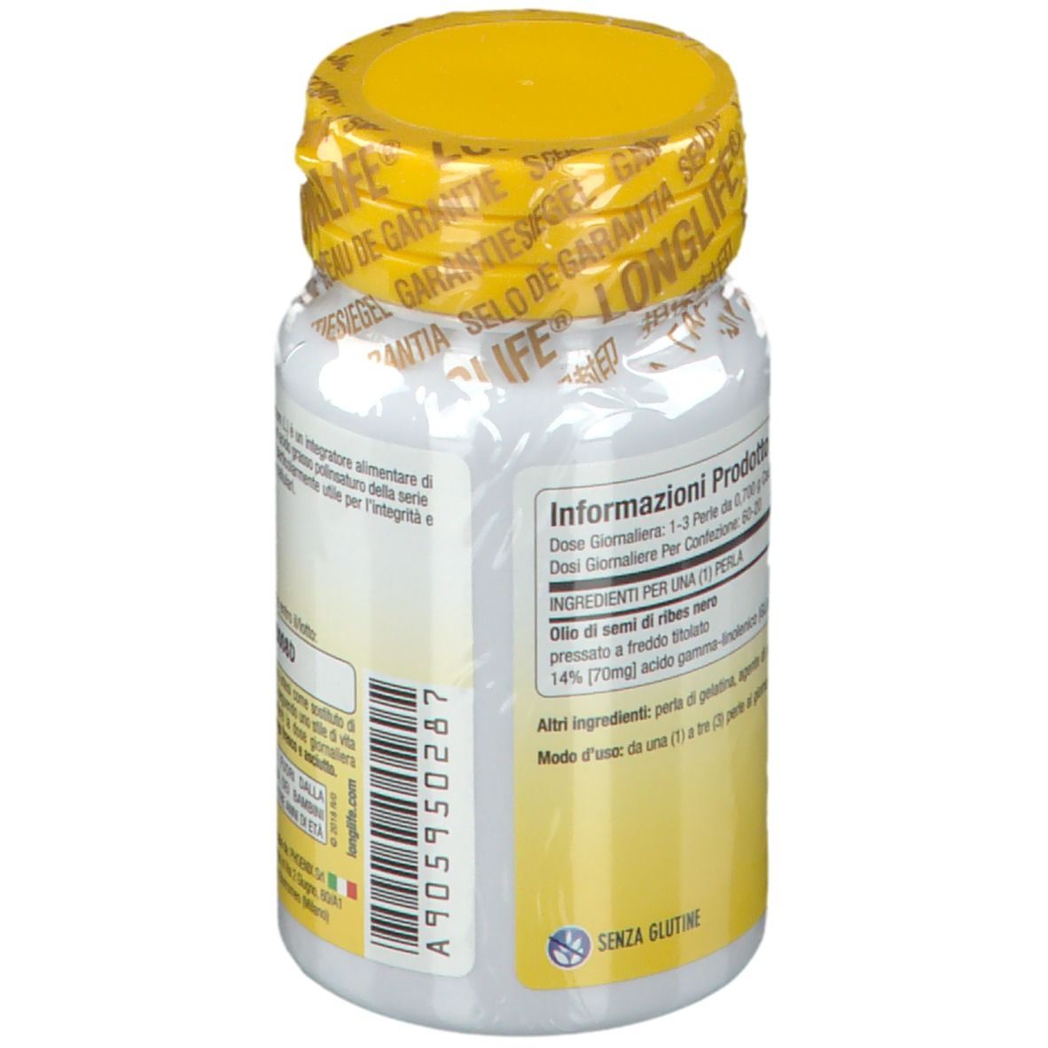 Retro del flacone bianco con tappo giallo e sigillo. Informazioni testuali, tra cui 'Senza Glutine'.