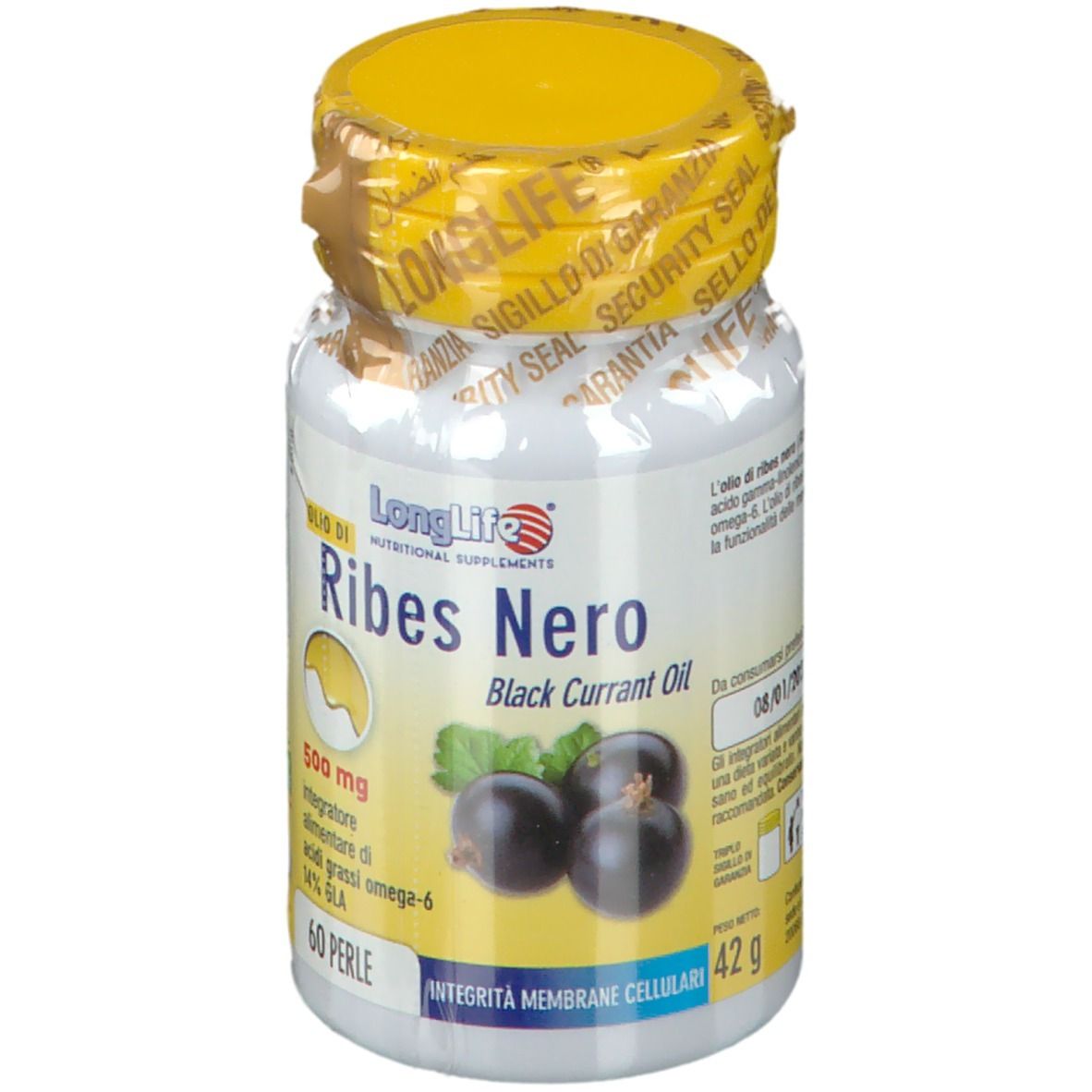 Flacone bianco con tappo giallo e sigillo. Scritta: LongLife, Ribes Nero, 500 mg. 60 perle.