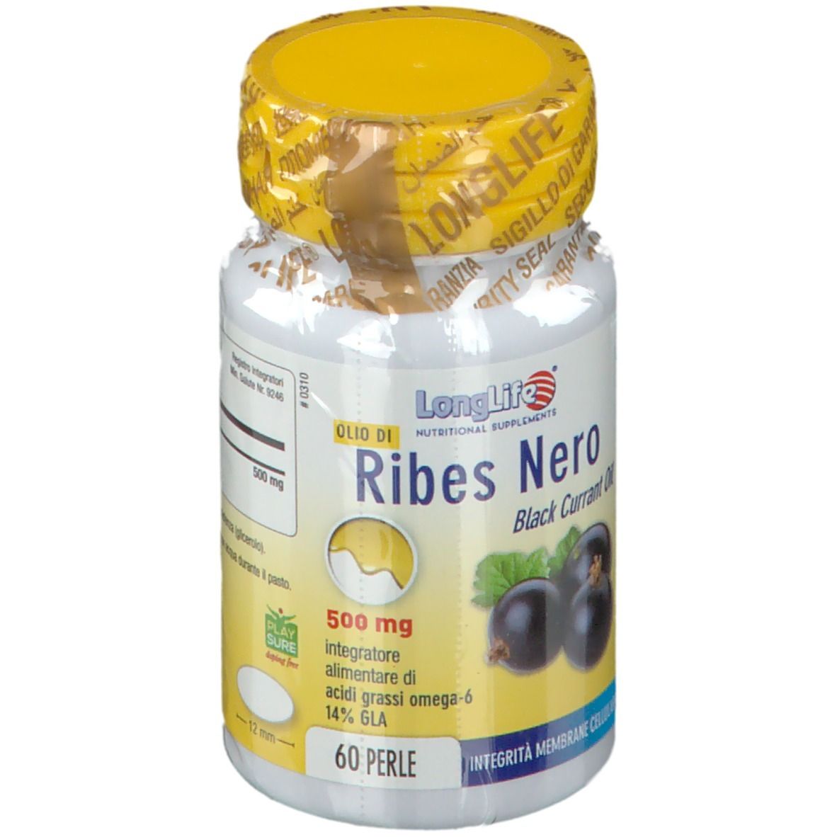 Flacone bianco con tappo giallo e sigillo. Scritta: LongLife, Ribes Nero, 500 mg. 60 perle.