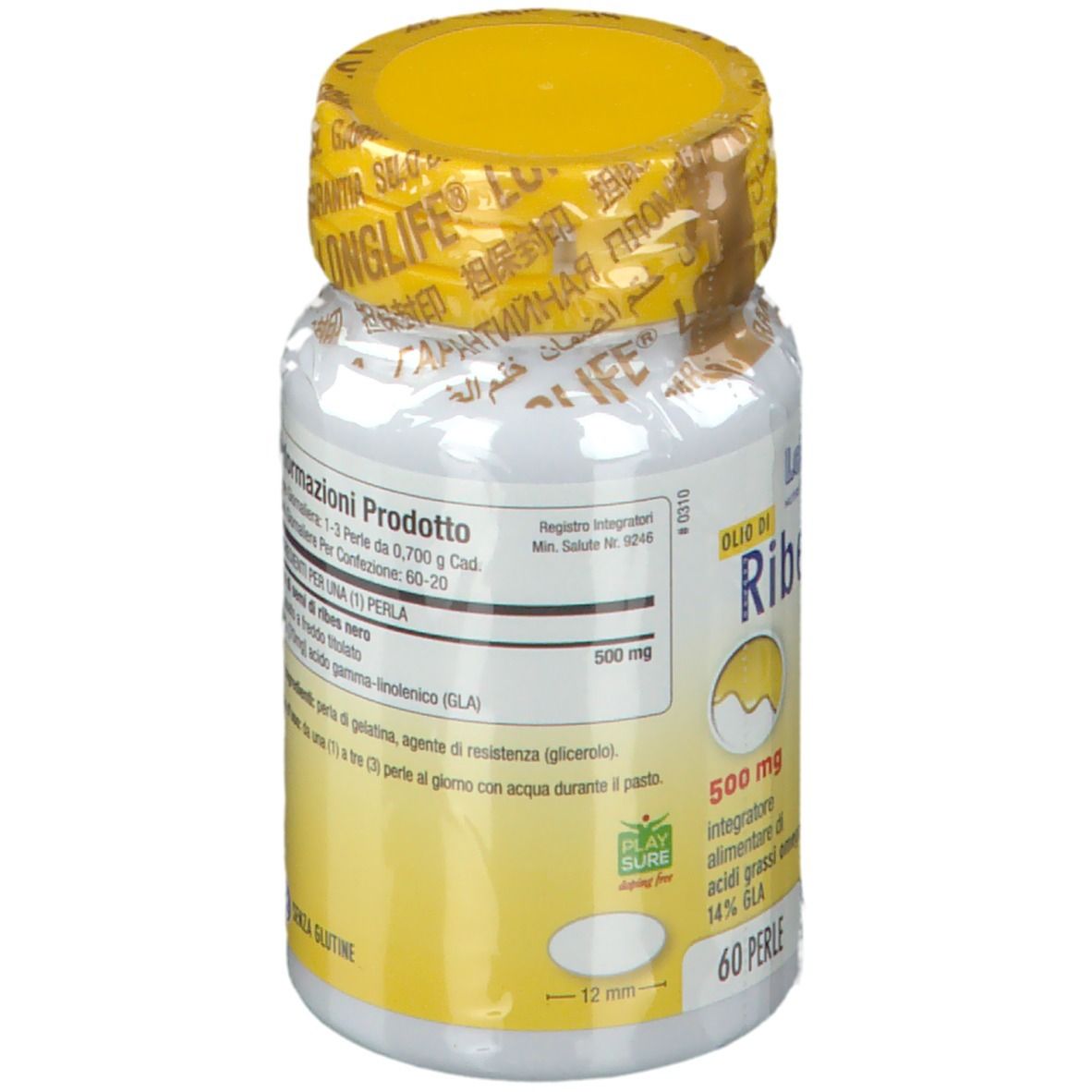 Flacone bianco con tappo giallo e sigillo. Scritta: LongLife, Ribes Nero, 500 mg. 60 perle.