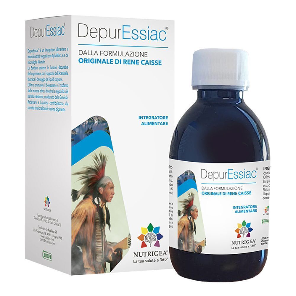 Bottiglia e confezione NUTRIGEA® DepurEssiac®. Bottiglia con tappo bianco, liquido scuro. Confezione con nome e logo del prodotto.