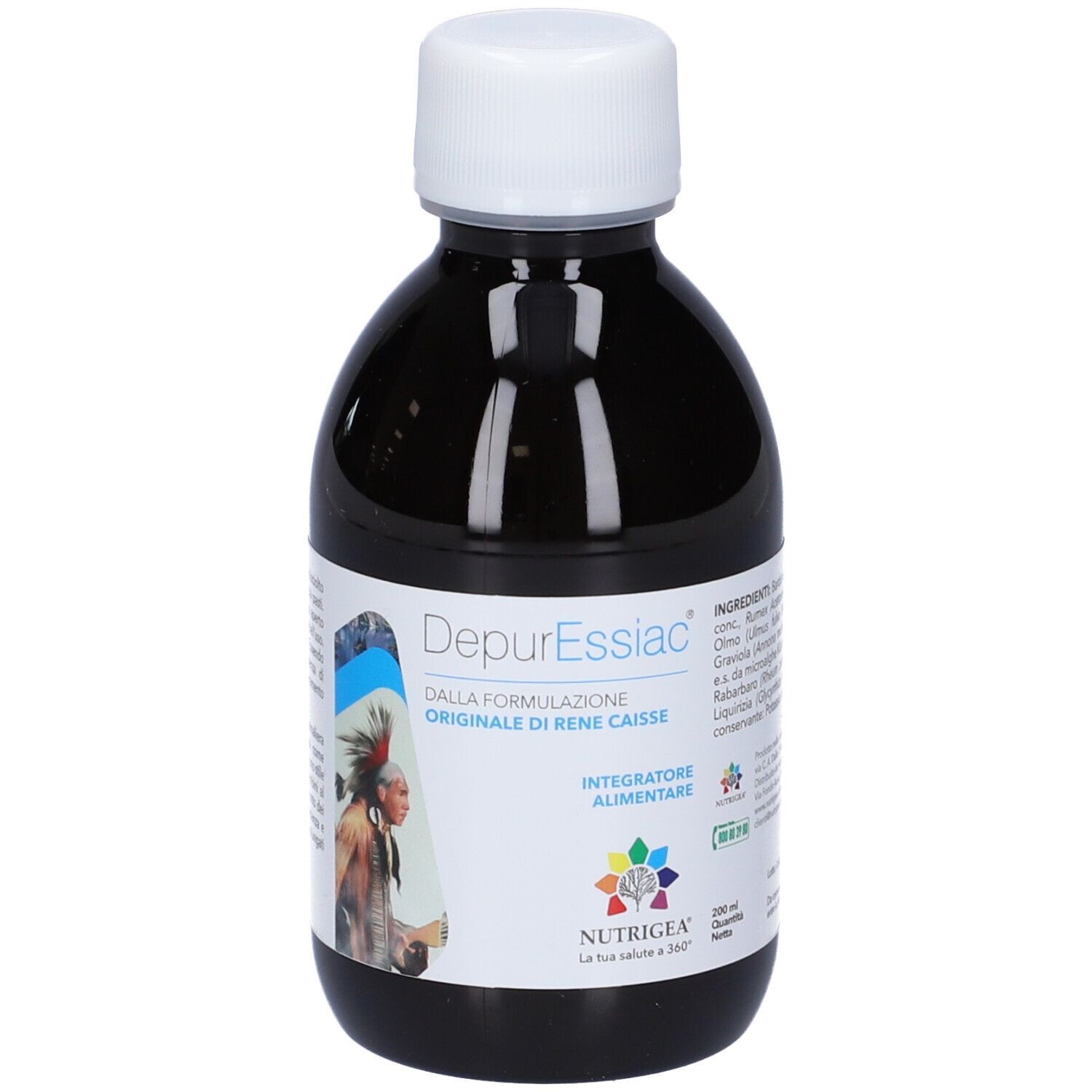 Bottiglia NUTRIGEA® DepurEssiac®. Liquido scuro in bottiglia con tappo bianco. Nome e logo del prodotto sull'etichetta.