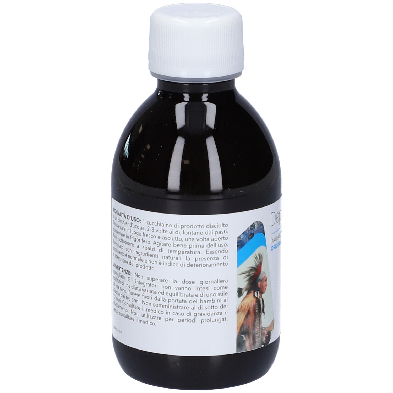 Bottiglia NUTRIGEA® DepurEssiac®. Vista posteriore della bottiglia con tappo bianco. Testo ed etichetta con informazioni.