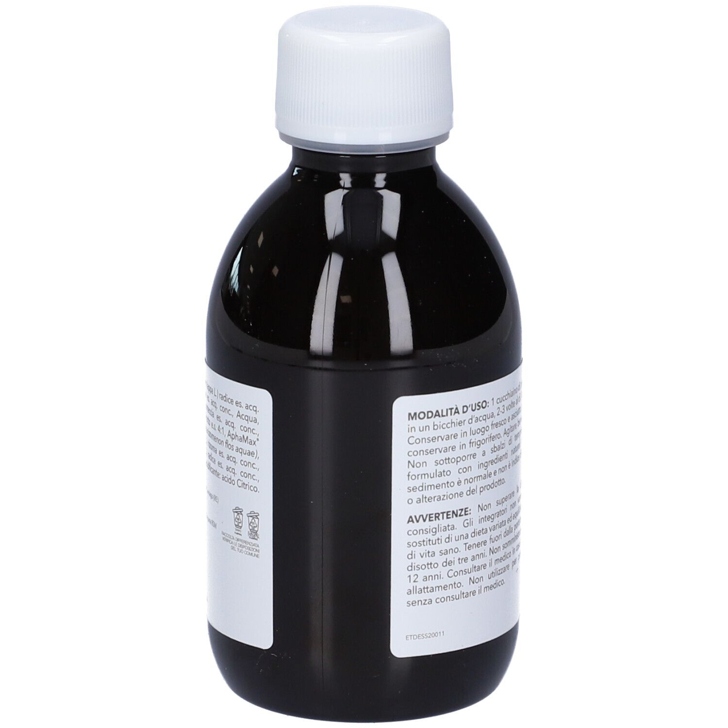 Bottiglia NUTRIGEA® DepurEssiac®. Vista posteriore della bottiglia con tappo bianco. Testo ed etichetta con informazioni.