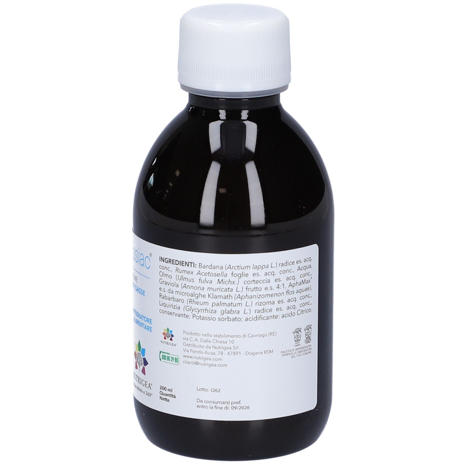 Bottiglia NUTRIGEA® DepurEssiac®. Vista posteriore della bottiglia con tappo bianco. Testo ed etichetta con informazioni.