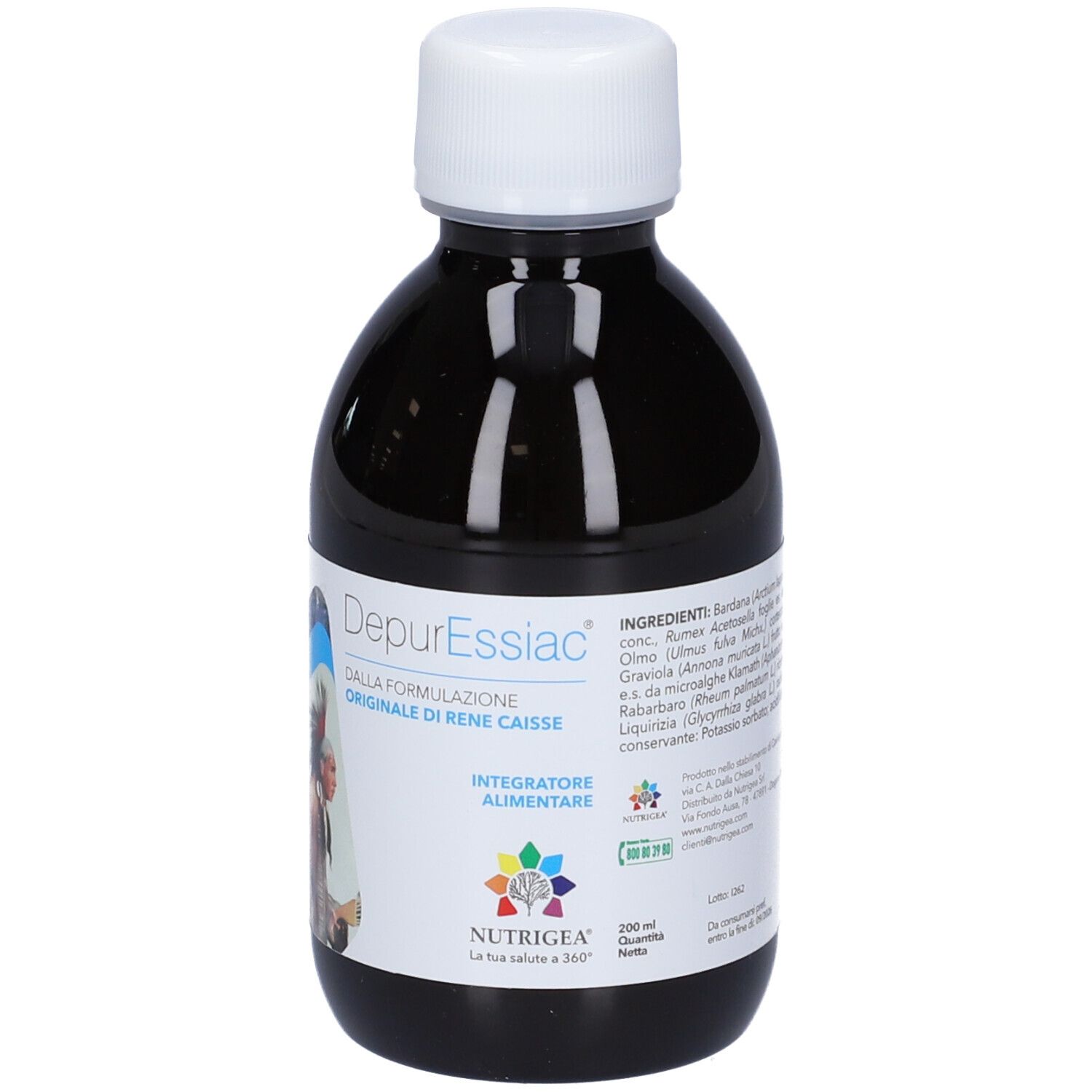 Bottiglia NUTRIGEA® DepurEssiac®. Vista posteriore della bottiglia con tappo bianco. Testo ed etichetta con informazioni.