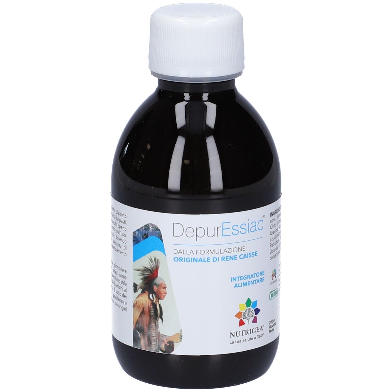 Bottiglia NUTRIGEA® DepurEssiac®. Vista posteriore della bottiglia con tappo bianco. Testo ed etichetta con informazioni.