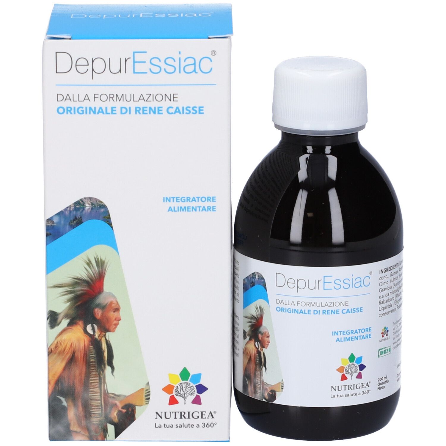 Bottiglia e confezione NUTRIGEA® DepurEssiac®. Bottiglia con tappo bianco, liquido scuro. Confezione con nome e logo del prodotto.