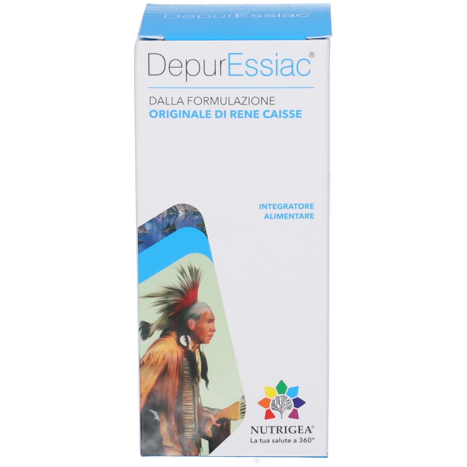 Confezione NUTRIGEA® DepurEssiac®. Confezione rettangolare con nome, logo e immagine di una persona.