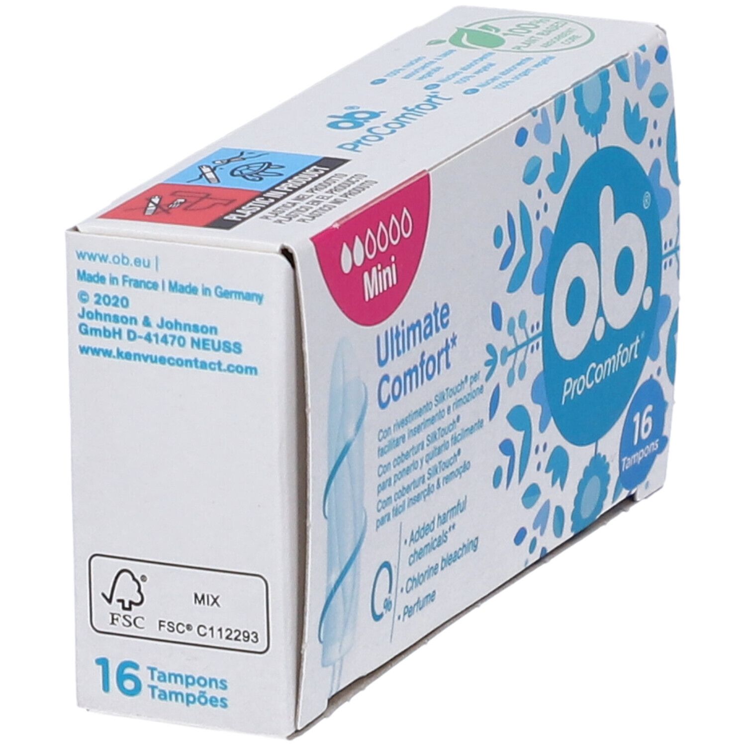 Verpackung von ob ProComfort Mini Ultimate Comfort. Enthält 16 Tampons. FSC-zertifiziert. Hergestellt in Deutschland.