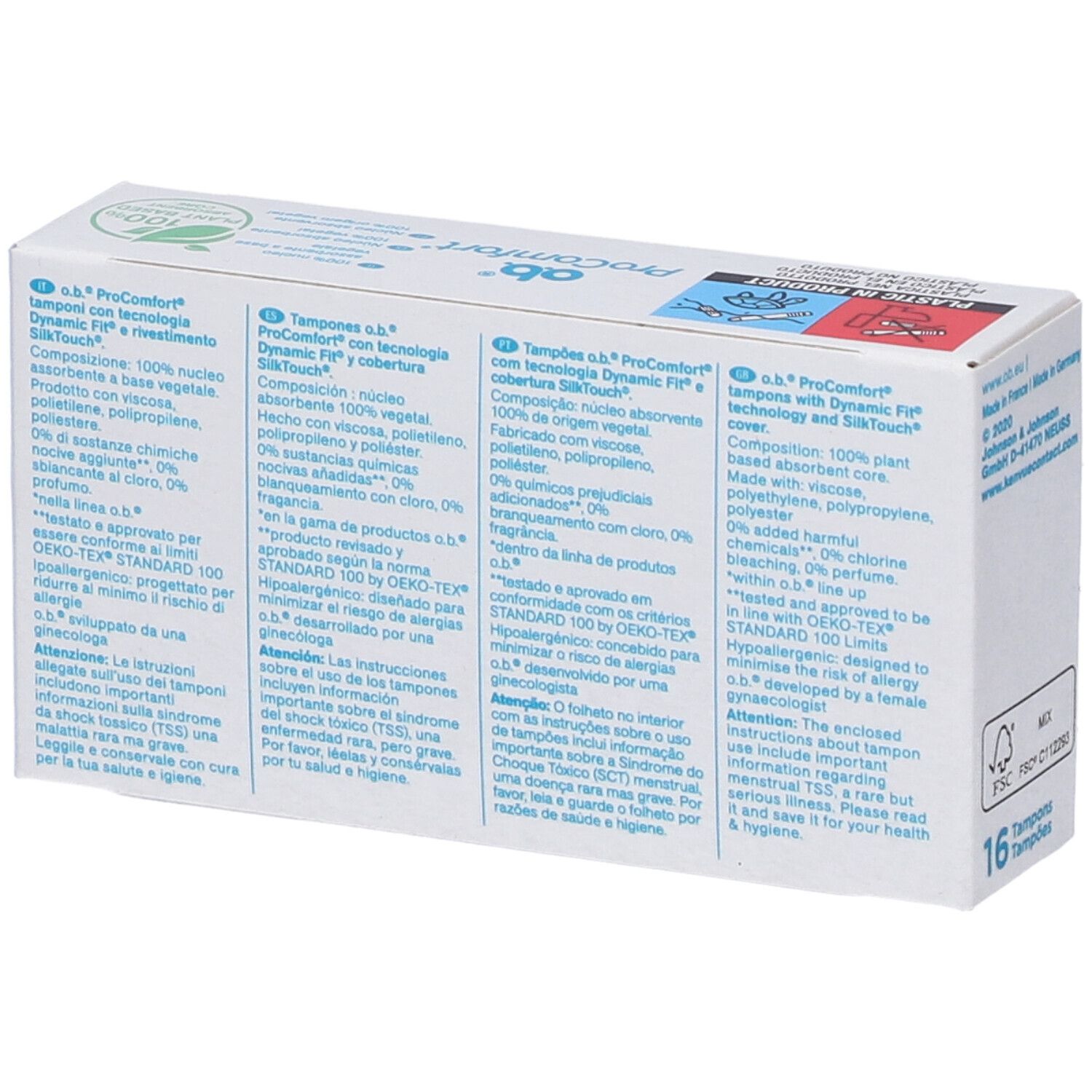 Rückseite der Verpackung von ob ProComfort Mini. Text in mehreren Sprachen. Enthält 16 Tampons. Oeko-Tex Standard 100.