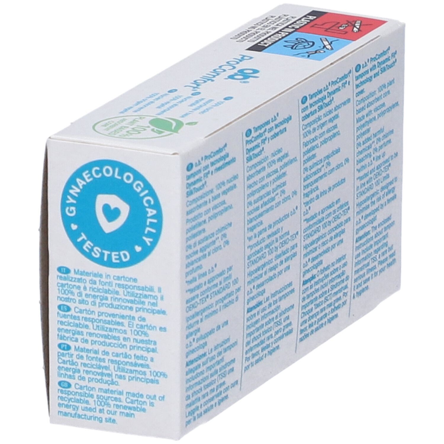 Seite der Verpackung von ob ProComfort Mini. Gynaekologisch getestet. Aus recyceltem Karton hergestellt.