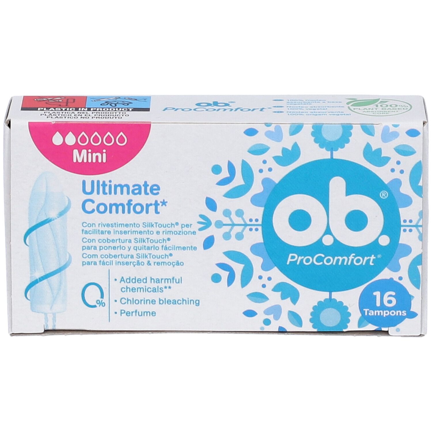 Verpackung von ob ProComfort Mini Ultimate Comfort. 16 Tampons. Mit SilkTouch-Oberfläche. Ohne Chlorbleiche und Parfüm.