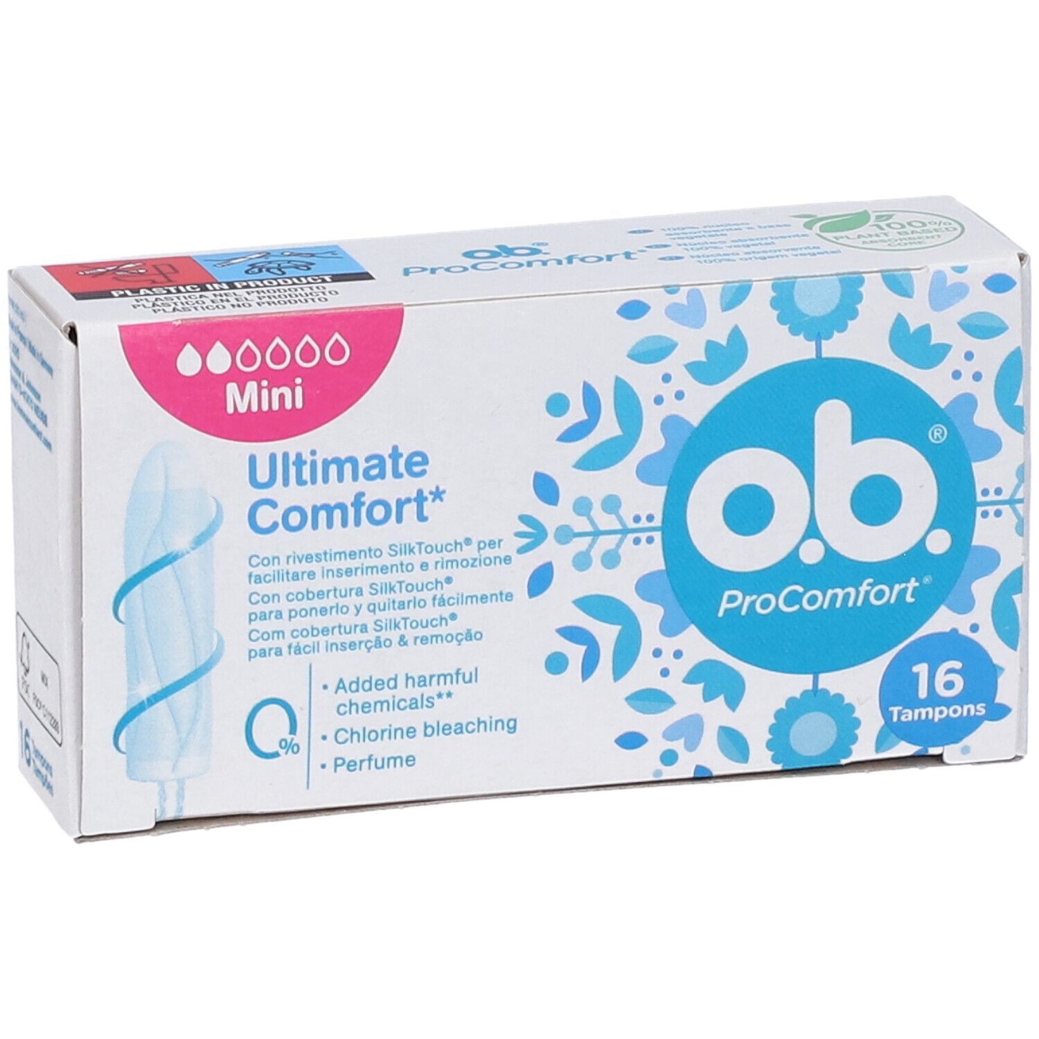 Verpackung von ob ProComfort Mini Ultimate Comfort. 16 Tampons. Mit SilkTouch-Oberfläche. Ohne Chlorbleiche und Parfüm.