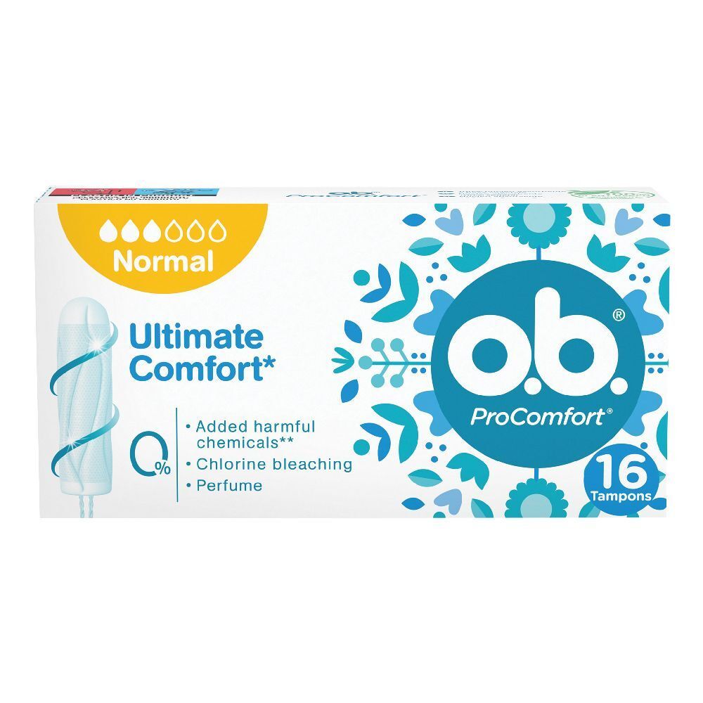 Verpackung mit 16 Tampons. Marke ob ProComfort, Ultimate Comfort. Normal. Keine Chlorbleiche, Parfüm.