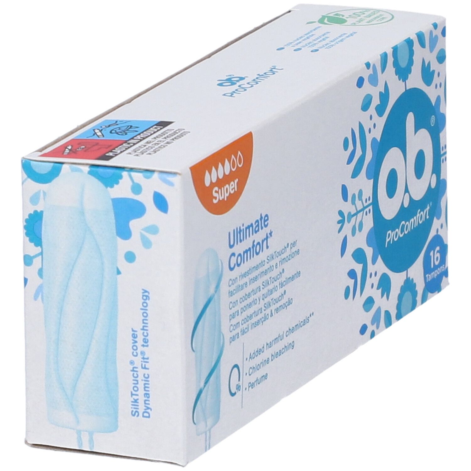 Schräg gestellte Packung o.b.® ProComfort Super Tampons. 16 Stück. Blaue und weiße Verpackung mit Produktinformationen.