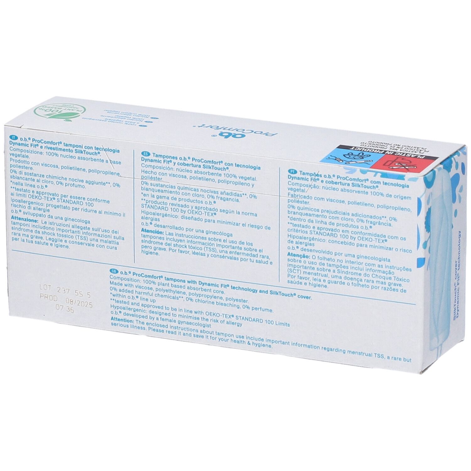 Rückseite der o.b.® ProComfort Super Tampon-Verpackung. Textinformationen in verschiedenen Sprachen. Grün-weißes Logo.