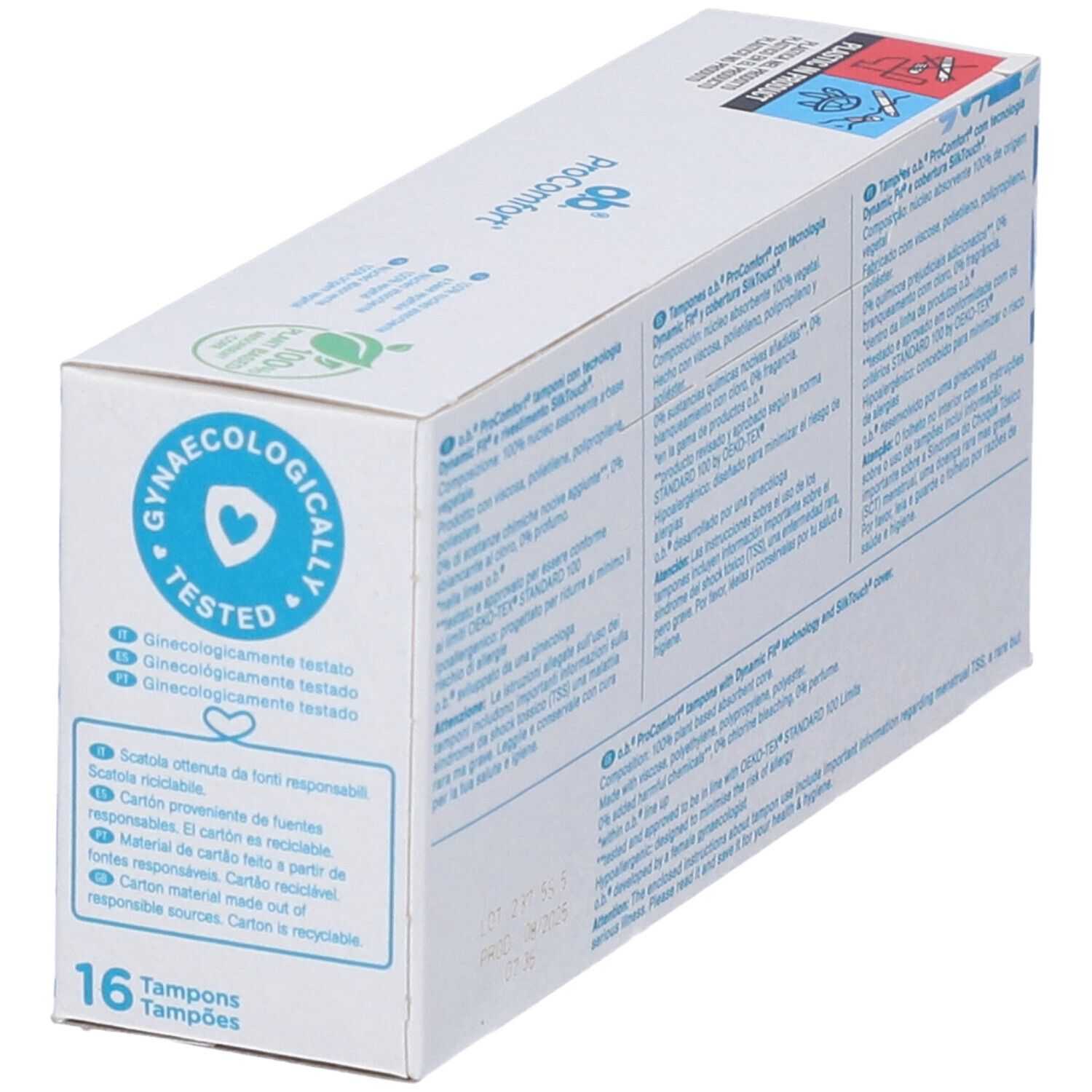 Rückseite der o.b.® ProComfort Super Tampon-Verpackung. Gynäkologisch getestet. 16 Tampons. Recycling-Hinweis.