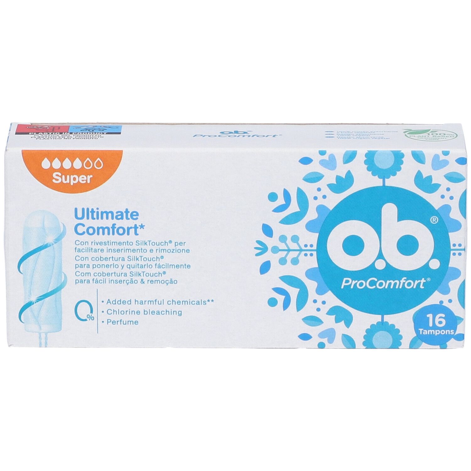 Packung o.b.® ProComfort Super Tampons. 16 Stück. Blaue und weiße Verpackung mit Produktinformationen und floralem Muster.