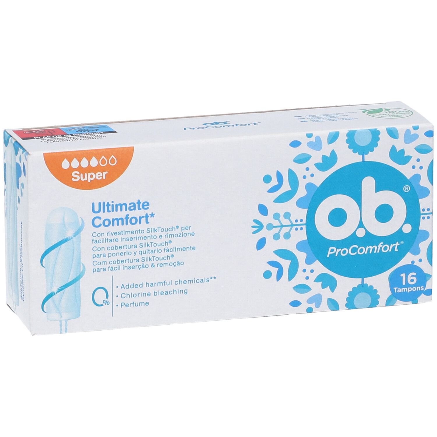 Packung o.b.® ProComfort Super Tampons. 16 Stück. Blaue und weiße Verpackung mit Produktinformationen und floralem Muster.