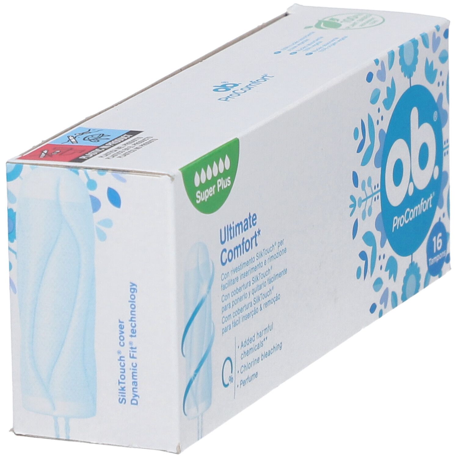 Packung o.b.® ProComfort Super Plus Tampons. 16 Stück. Mit Ultimate Comfort und ProComfort Logo. Enthält keine schädlichen Chemikalien.