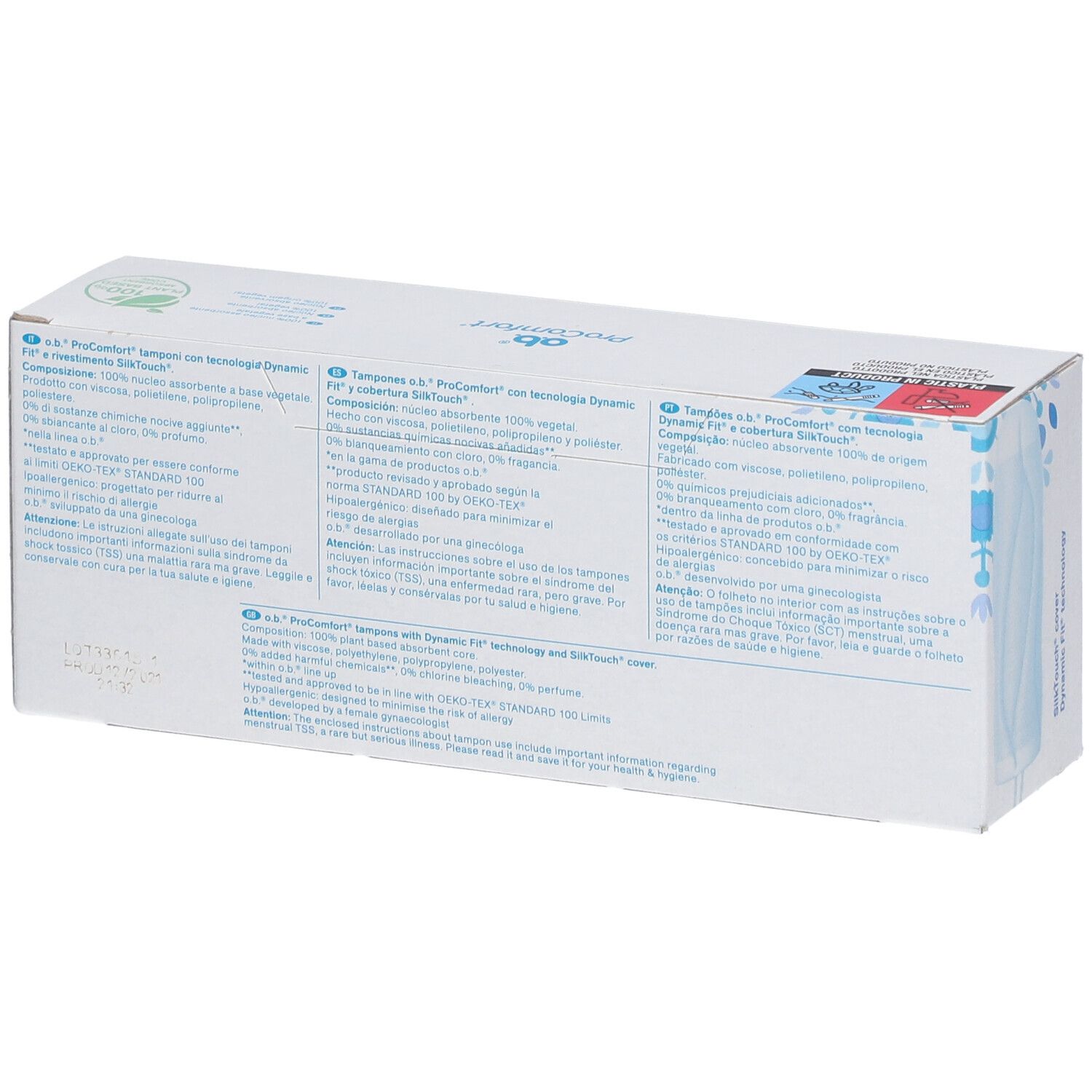 Rückseite der Packung o.b.® ProComfort Tampons. Text in mehreren Sprachen. Enthält Informationen über Inhaltsstoffe und Zertifizierungen.