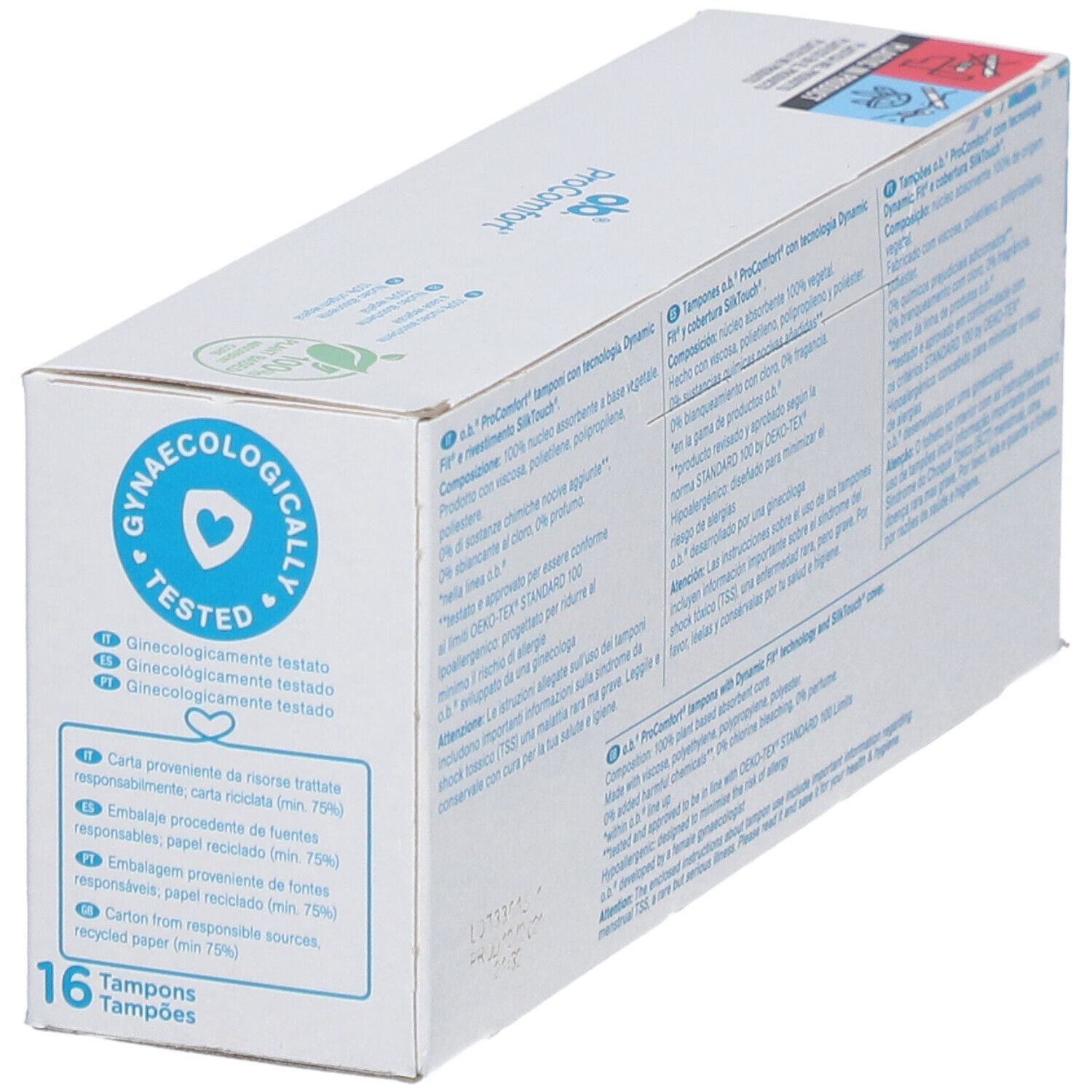 Packung o.b.® ProComfort Tampons. Gynäkologisch getestet. 16 Tampons. Karton aus recyceltem Material.