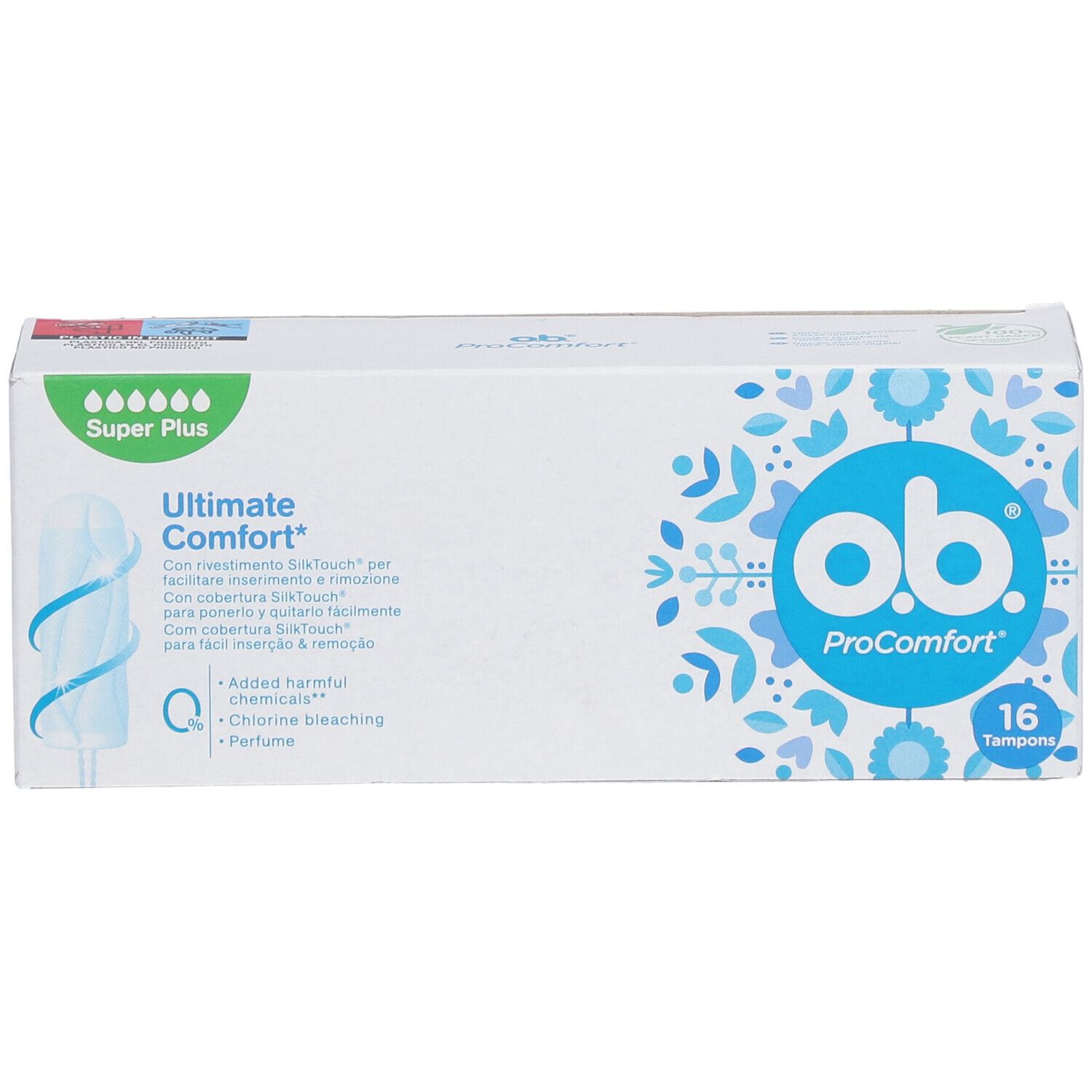Packung o.b.® ProComfort Super Plus Tampons. 16 Stück. Mit Ultimate Comfort und ProComfort Logo. Enthält keine schädlichen Chemikalien.